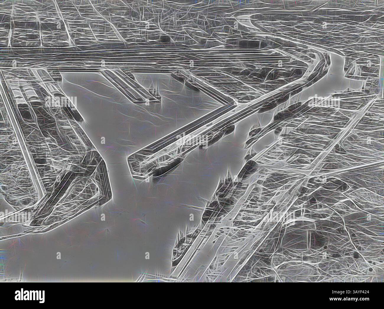 Eine abstrakte Darstellung eines Flusses, der sich durch eine stilisierte Landschaft schlängelt, mit komplizierten Linien und geometrischen Formen, die industrielle Strukturen und natürliche Merkmale suggerieren., Foto - Aerial View of Victoria Dock, West Melbourne, Victoria, 1920-1939, Schwarz-weiß-Fotografie mit einer Luftaufnahme des Victoria Docks, 1920-1939. Es ist eine von fünfzehn Schwarzweiß-Fotografien, die Passagier- und Frachtschiffe in australischen Gewässern in den 1920er und 1930er Jahren zeigen, klassische Kunst mit einem modernen Twist, die von Artotop neu interpretiert wurde Stockfoto