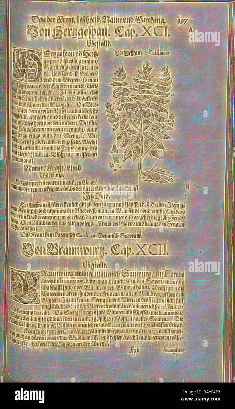 Eine komplizierte Seite aus einem historischen Text mit botanischen Illustrationen und detaillierten Beschreibungen verschiedener Pflanzenarten. Das Layout enthält kunstvolle Schriftzüge und dekorative Elemente, die die Bedeutung der dargestellten Flora hervorheben. Herz, Hertzgespan, Fol. 397r, 1590, Pietro Andrea Mattioli, Joachim Camerarius: Kreuterbuch desz hochgelehrten unnd weitberühmter Herr D. Petri Andreae Matthioli. Franckfort am Mayn: [Feyrabendt], 1590, Klassische Kunst mit einem modernen Twist von Artotop Stockfoto