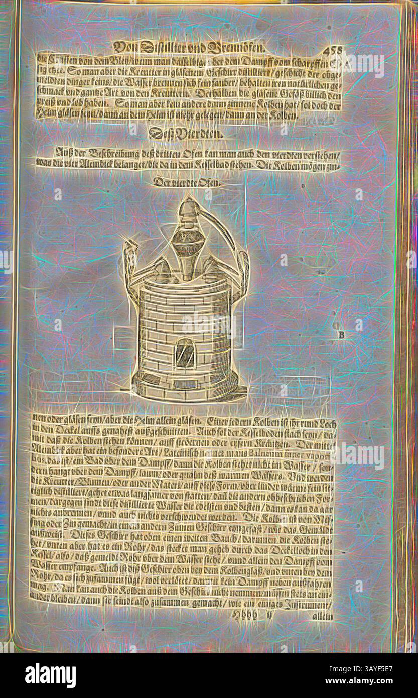 Eine komplizierte Illustration eines mittelalterlichen Turms mit einer Kapuzenfigur auf der Spitze, begleitet von detaillierten Texten, die die Struktur und ihren Zweck beschreiben. Das Layout legt Wert auf historische oder architektonische Informationen., Distillers and Ofns 4: The Fourth Furnace, Distiller, Fol. 458r, 1590, Pietro Andrea Mattioli, Joachim Camerarius: Kreuterbuch desz hochgelehrten unnd weitberühmter Herr D. Petri Andreae Matthioli. Franckfort am Mayn: [Feyrabendt], 1590, Klassische Kunst mit einem modernen Twist von Artotop Stockfoto
