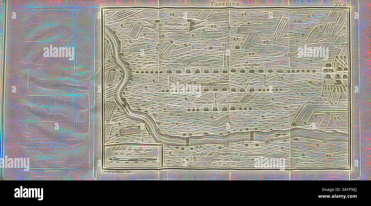 Eine detaillierte Karte mit einer Reihe miteinander verbundener Wasserstraßen und Wege, die das Layout der Umgebung veranschaulichen, mit Schildern, die verschiedene Orte und Merkmale kennzeichnen. Dekorative Ränder umrahmen das komplizierte Design und betonen die kartographische Kunst der Zeit. Maßstab von tausend Stufen oder 500 Toises, Position der Soldaten, PL. 2, S. 382, Villeneuve, Bardet de (del.), 1740, Bardet de Villeneuve: La tactique ou l'Art de Ranger des bataillons et de faire à une armée en campagne tous les mouvements qui conviennent selon les différentes Anlässe. (Cours de la Science Stockfoto