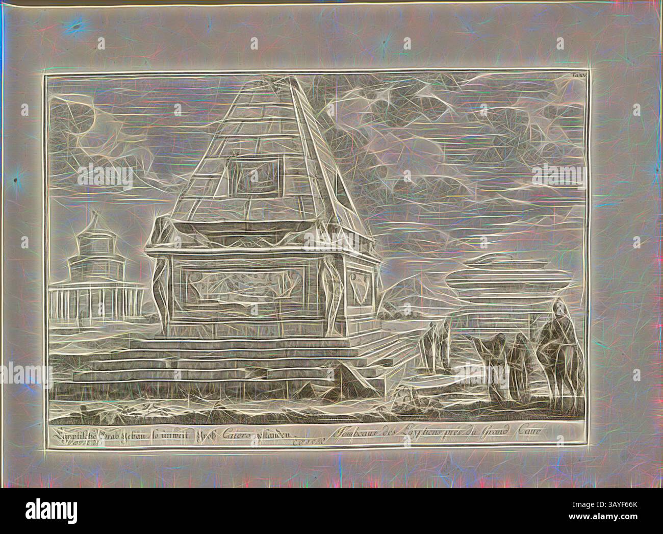 Majestätisch steht eine alte Pyramide, flankiert von hoch aufragenden Bauten und rätselhaften Figuren. Wabernde Wolken ziehen über sich und verleihen der Szene ein Gefühl von Geheimnis, während komplizierte Details die Handwerkskunst einer vergangenen Ära hervorheben., ägyptischer Grabbau, unweit von Gross Caiero, Abbildung eines ägyptischen Grabbaus in der Nähe von Kairo aus dem 18. Jahrhundert, signiert: J. B. F. v. Chr., E. del, TA., XV, S. 71, Fischer von Erlach, Johann Bernhard (del.), Johann Bernhard Fischer von Erlach: Entwurff einer historischen Architektur, in Abbildung unterschiedener berühmtes Gebäude, des Alterthums, und Stockfoto