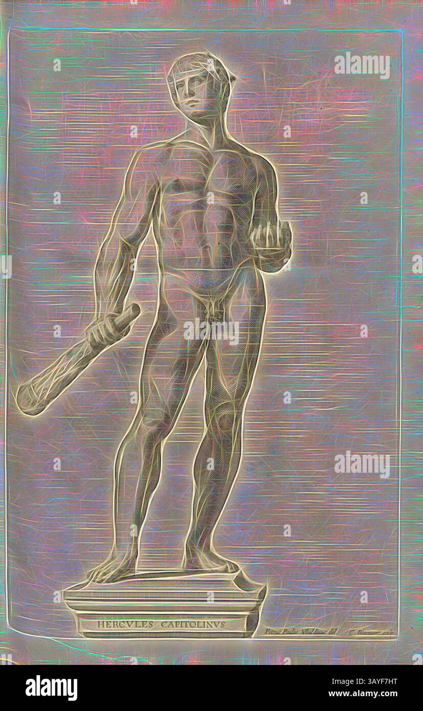 Eine klassische Skulptur des Herkules, dargestellt in einer starken, muskulösen Pose mit einem Arm, der einen Schläger hält. Die Figur steht auf einem Podest, strahlt ein Gefühl von Macht und Heldentum aus und zeigt komplizierte Details der Anatomie und der Vorhänge., ihr Kapitol, Statue des Herakles, signiert: Petrus Paulus Ubaldinus del, C. Bloemaert Sculp, Abb. 2, gemäß S. 13, Baldini, Pietro Paolo (del.); Bloemaert, Cornelis (sc.), 1646: Giovanni Battista Ferrari: Hesperides sive de malorum aureorum cultura et usu libri quatuor. Romae: Sumptibus Hermanni Scheus, 1646, Klassische Kunst mit einem modernen Twist neu interpretiert von Stockfoto