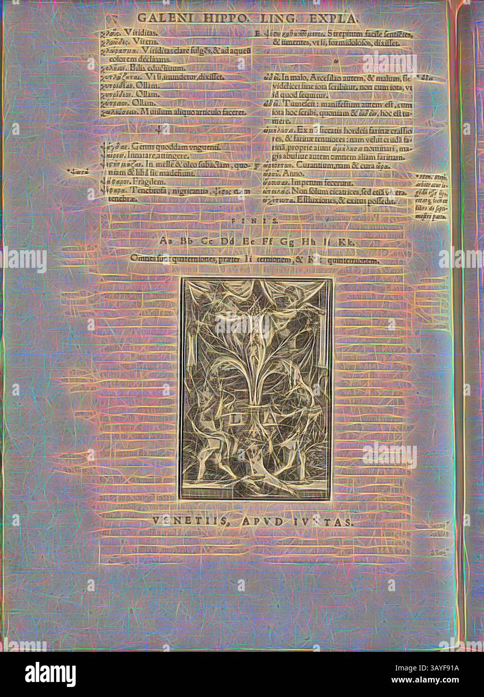 Eine reich verzierte Seite mit komplizierten Blumenmotiven in der Mitte und dichtem Text, der sie umgibt, wahrscheinlich aus einer historischen medizinischen Handschrift von Galen. Die sorgfältige Anordnung von Buchstaben und dekorativen Elementen deutet auf einen deutlichen Fokus auf Inhalt und Ästhetik hin., Druckermarke der Familie Giunta 6, Druckermarke der Familie Giunta aus dem 16. Jahrhundert, Abb. 1, S. 79v, 1576, Galenus: Galeni extra ordinem classium libri in quibus breves rerum determinationes traduntur, quarum perceptio, superiorum librorum lectionem requirit. Venetiis: Apud Iuntas, 1576, Klassische Kunst mit modernem Touch Stockfoto