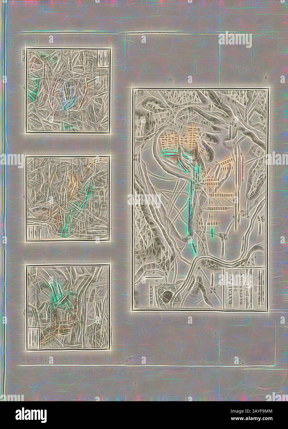 Eine abstrakte Komposition mit einer Reihe von komplizierten, ineinander verwobenen Mustern und Formen. Die Kunstwerke zeigen eine Mischung aus organischen Formen und geometrischen Elementen, wobei gedämpfte Farben einen subtilen Kontrast erzeugen. Jeder Abschnitt zeigt ein einzigartiges Arrangement, das den Betrachter einlädt, die Verbindungen zwischen ihnen zu erkunden. Schlacht bei Hastenbeck, Bergen, Willinghausen, Wilhelmestal-Affäre, Plan für die Schlacht bei Hastenbeck, die Schlacht bei Bergen, die Schlacht bei Wilhelmsthal und Vellinghausen a., d, Lip, PL. XXI, Antoine Henri de Jomini: Traité des grandes Operations militaires. Atlas. [S.l.]: [S.n.], [18--], Klassisch Stockfoto
