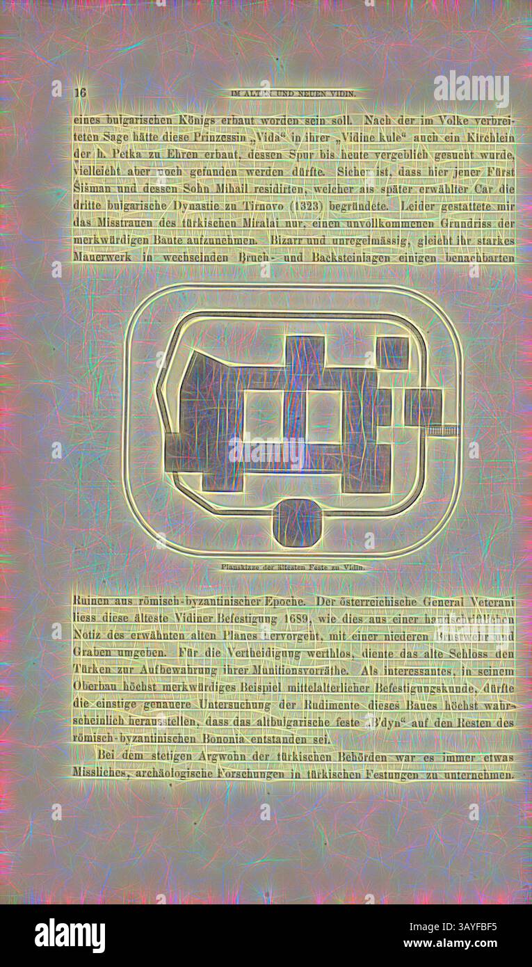 Eine komplizierte Illustration, die ein historisches Layout oder einen Plan darstellt, mit geometrischen Formen und beschrifteten Abschnitten, die einen architektonischen oder archäologischen Kontext andeuten. Das Design ist von einer dezenten, farbenfrohen abstrakten Überlagerung umgeben, die seine visuelle Anziehungskraft unterstreicht., Layout-Skizze der ältesten Feste in Vidin, Plan einer Festung in Vidin (Bulgarien), Abb. 3, S. 16, 1879, F. Kanitz: Donau-Bulgarien und der Balkan: historisch-geographisch-ethnographische Reisestudien aus den Jahren 1860-1879. Leipzig: Verlagsbuchhandlung von Hermann Fries, 1879–1880, Klassische Kunst mit modernem Twist neu interpretiert von Stockfoto