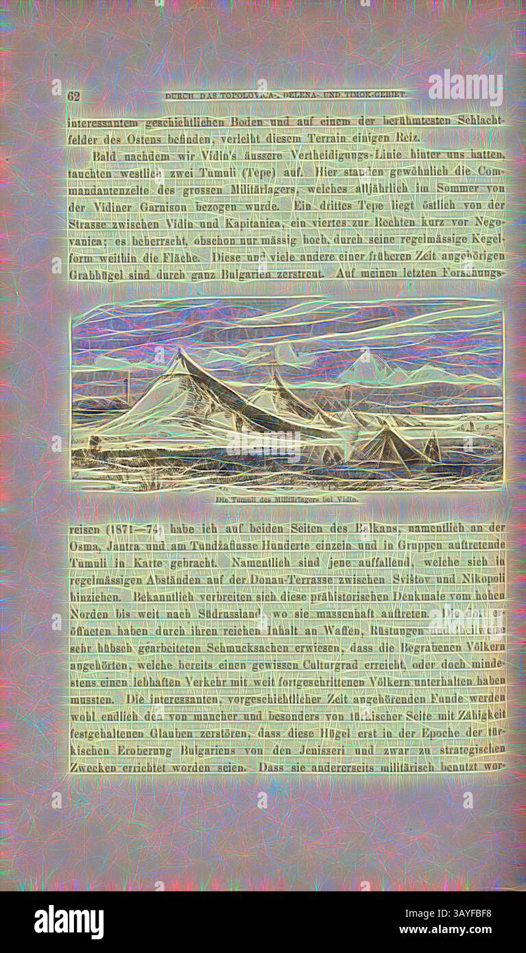 Eine detaillierte Illustration, die eine dramatische Landschaft mit Bergen und Zelten darstellt, begleitet von Text, der einen historischen oder geografischen Kontext vermittelt. Die Szene vermittelt ein Gefühl von Abenteuer und Entdeckungen, was auf eine Reise durch ein raues Gelände hindeutet., die Tumuli des Militärlagers bei Vidin, Zelte eines Militärlagers bei Widin (Bulgarien), Abb. 13, S. 62, 1879, F. Kanitz: Donau-Bulgarien und der Balkan: historisch-geographisch-ethnographische Reisestudien aus den Jahren 1860-1879. Leipzig: Verlagsbuchhandlung von Hermann Fries, 1879-1880, Klassische Kunst mit modernem Twist Stockfoto