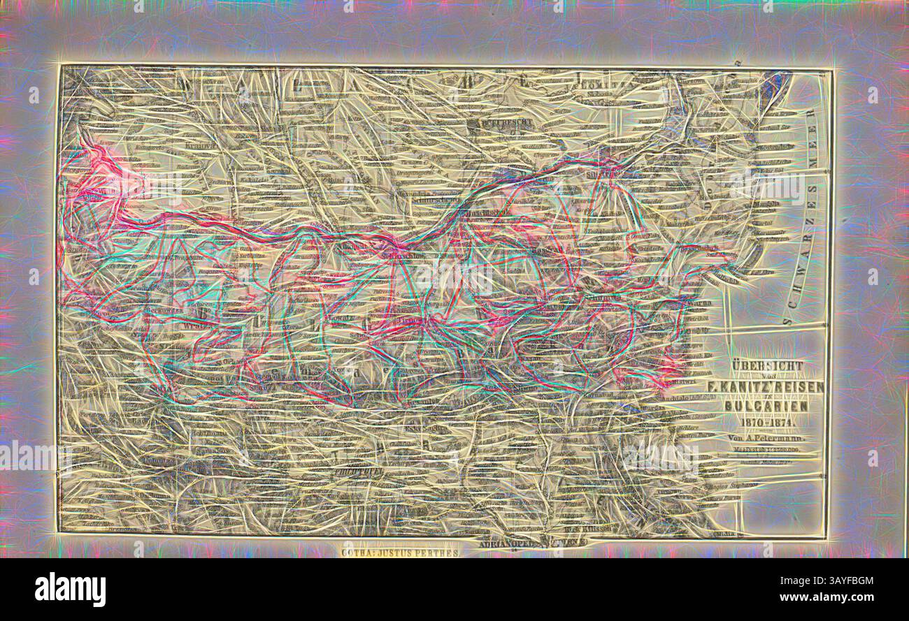 Eine detaillierte historische Karte, die Reiserouten in Bulgarien aus den frühen 1900er Jahren zeigt, mit komplizierten Konturen und Markierungen, die geografische Merkmale und Wege veranschaulichen. Die Karte ist mit Anmerkungen und einer Legende bereichert, die ihren informativen Wert erhöhen., Übersicht über F. Kranitz Reisen in Bulgarien 1870-1874, Karte der Reiseroute von Felix Philipp Kanitz in Bulgarien, Abb. 41, nach S. 269, Petermann, August (fec.), 1879, F. Kanitz: Donau-Bulgarien und der Balkan: historisch-geographisch-ethnographische Reisestudien aus den Jahren 1860-1879. Leipzig: Verlagsbuchhandlung von Hermann Stockfoto Eine detaillierte historische Karte, die Reiserouten in Bulgarien aus den frühen 1900er Jahren zeigt, mit komplizierten Konturen und Markierungen, die geografische Merkmale und Wege veranschaulichen. Die Karte ist mit Anmerkungen und einer Legende bereichert, die ihren informativen Wert erhöhen., Übersicht über F. Kranitz Reisen in Bulgarien 1870-1874, Karte der Reiseroute von Felix Philipp Kanitz in Bulgarien, Abb. 41, nach S. 269, Petermann, August (fec.), 1879, F. Kanitz: Donau-Bulgarien und der Balkan: historisch-geographisch-ethnographische Reisestudien aus den Jahren 1860-1879. Leipzig: Verlagsbuchhandlung von Hermann Stockfoto