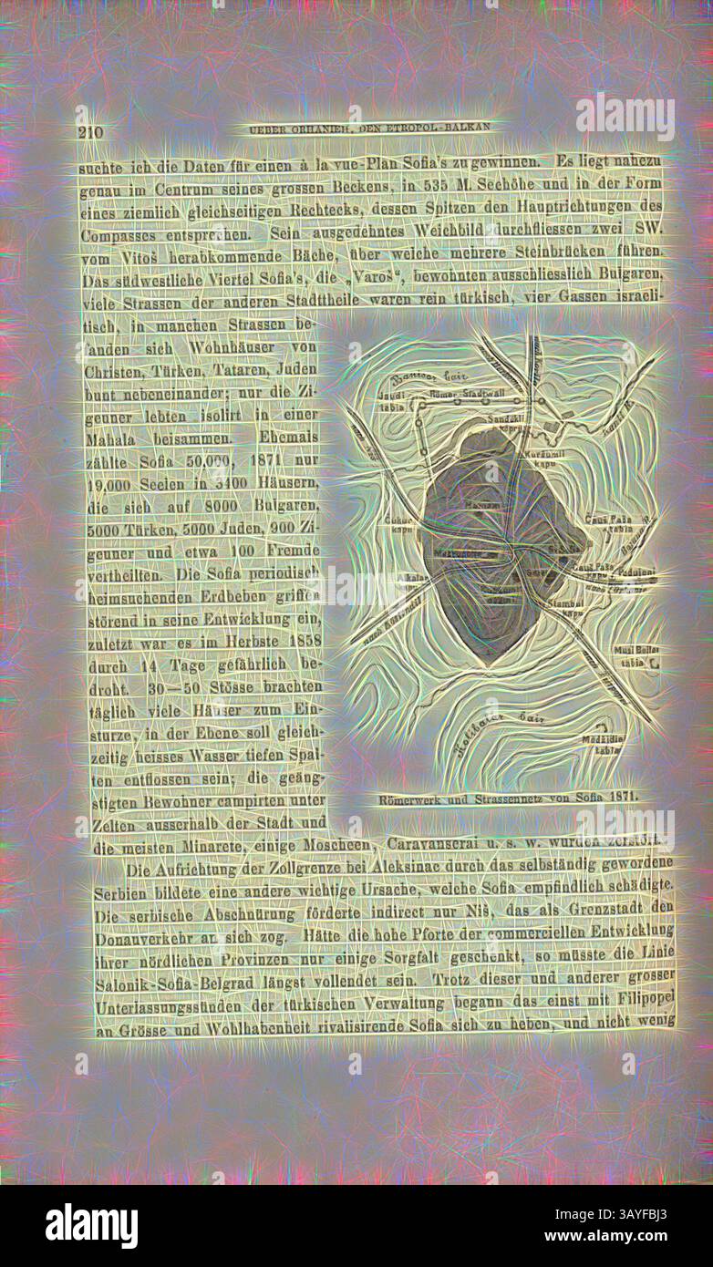 Eine komplizierte Karte mit Konturlinien und gekennzeichneten geografischen Merkmalen, begleitet von beschreibendem Text, der Einblicke in die umliegende Landschaft und den historischen Kontext gibt., römisches Pflanzen- und Straßennetz von Sofia 1871, Karte von Sofia (Bulgarien), Abb. 68, S. 210, 1879, F. Kanitz: Donau-Bulgarien und der Balkan: historisch-geographisch-ethnographische Reisestudien aus den Jahren 1860-1879. Leipzig: Verlagsbuchhandlung von Hermann Fries, 1879–1880, Klassische Kunst mit modernem Twist neu interpretiert von Artotop Stockfoto