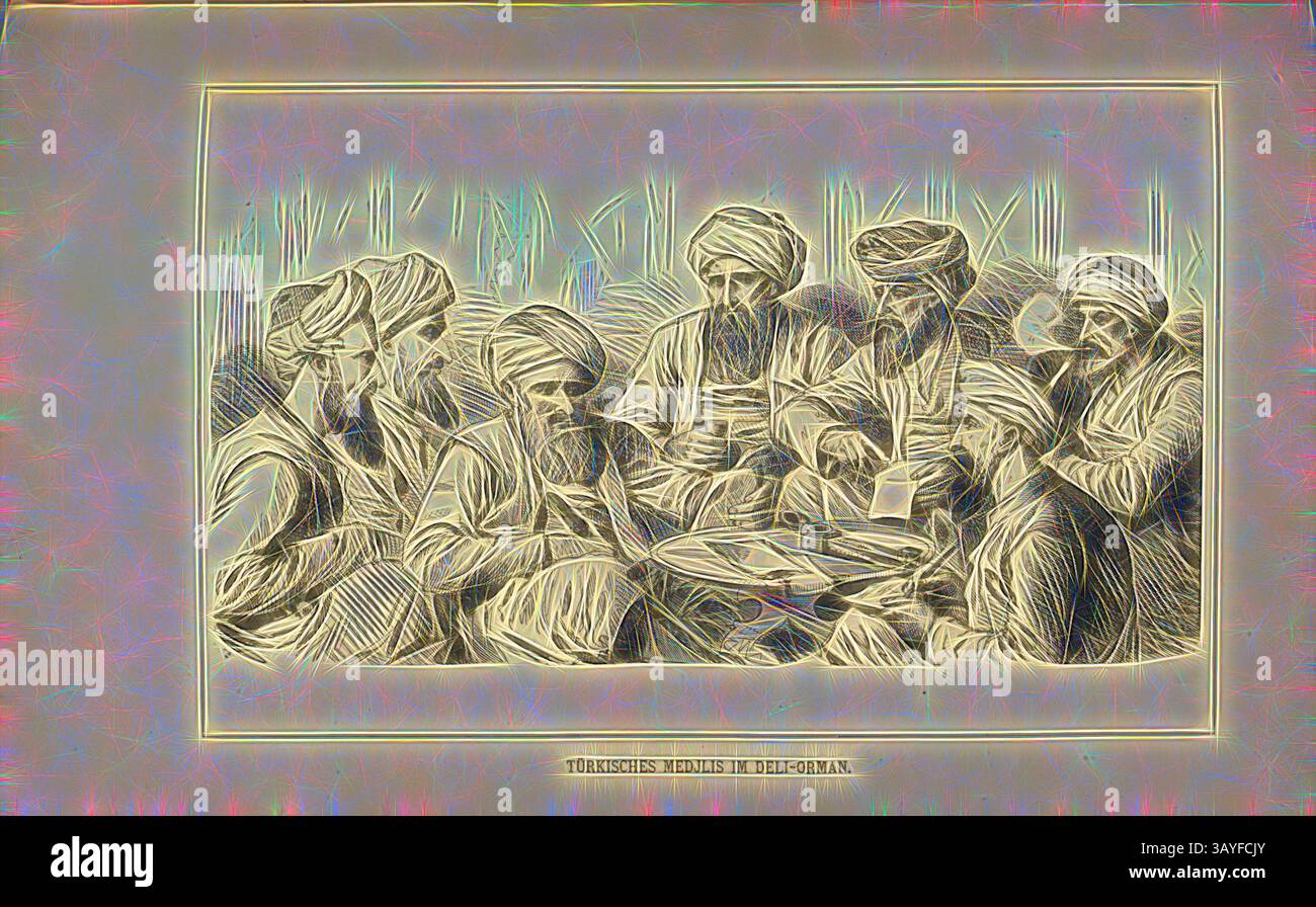 Eine Gruppe von Männern in traditioneller Kleidung versammelte sich um einen Tisch, führte Gespräche und genoss eine Mahlzeit und verkörperte kulturelle Kameradschaft und Gemeinschaftsgeist., Türkische Medjlis in Deli Orman, Madschlis in der Region Ludogorie (Bulgarien), Abb. 110, nach S. 260, 1879, F. Kanitz: Donau-Bulgarien und der Balkan: historisch-geographisch-ethnographische Reisestudien aus den Jahren 1860-1879. Leipzig: Verlagsbuchhandlung von Hermann Fries, 1879–1880, Klassische Kunst mit modernem Twist neu interpretiert von Artotop Stockfoto