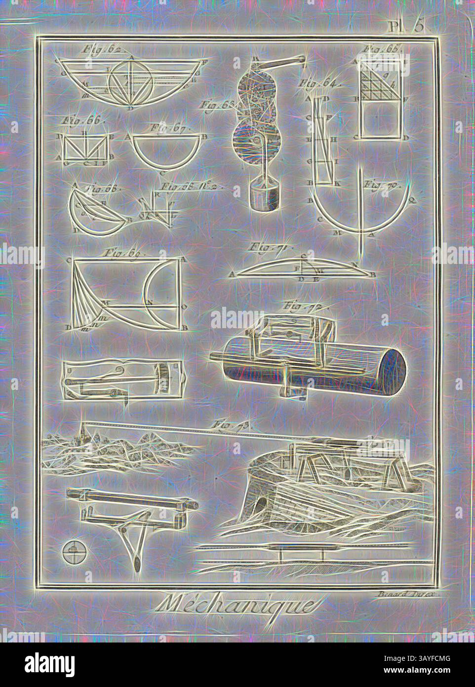 Eine Sammlung komplizierter mechanischer Skizzen und Diagramme, die verschiedene nautische Entwürfe und Erfindungen illustrieren, mit Segeln, Masten und anderen maritimen Apparaten, die jeweils mit detaillierten Figurenreferenzen beschriftet sind., Mechanical 5, Mechanics, signiert: Benard Direx, PL. 5, nach S. 14, Benard (Richtung), Denis Diderot; M. d'Alembert: Encyclopédie, ou dictionnaire raisonné des Sciences, des Arts et des métierss, des Arts et des métiers. Genève: chez Pellet, MDCCLXXVIII [1778], Klassische Kunst mit modernem Touch, neu interpretiert von Artotop Stockfoto