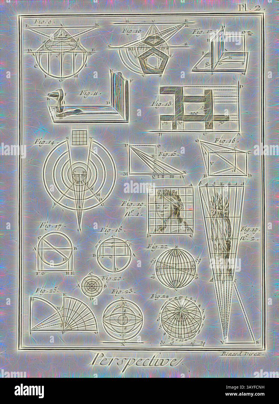 Eine Sammlung komplizierter geometrischer Designs und perspektivischer Illustrationen, die verschiedene Formen, Muster und dimensionale Perspektiven zeigen, beschriftet mit Zahlen als Referenz., Perspektive 2, Perspektive auf Wolf, signiert: Benard Direx, PL. 2, nach S. 14, Benard (Richtung), Denis Diderot; M. d'Alembert: Encyclopédie, ou dictionnaire raisonné des Sciences, des Arts et des métierss, des Arts et des métiers. Genève: chez Pellet, MDCCLXXVIII [1778], Klassische Kunst mit modernem Touch, neu interpretiert von Artotop Stockfoto