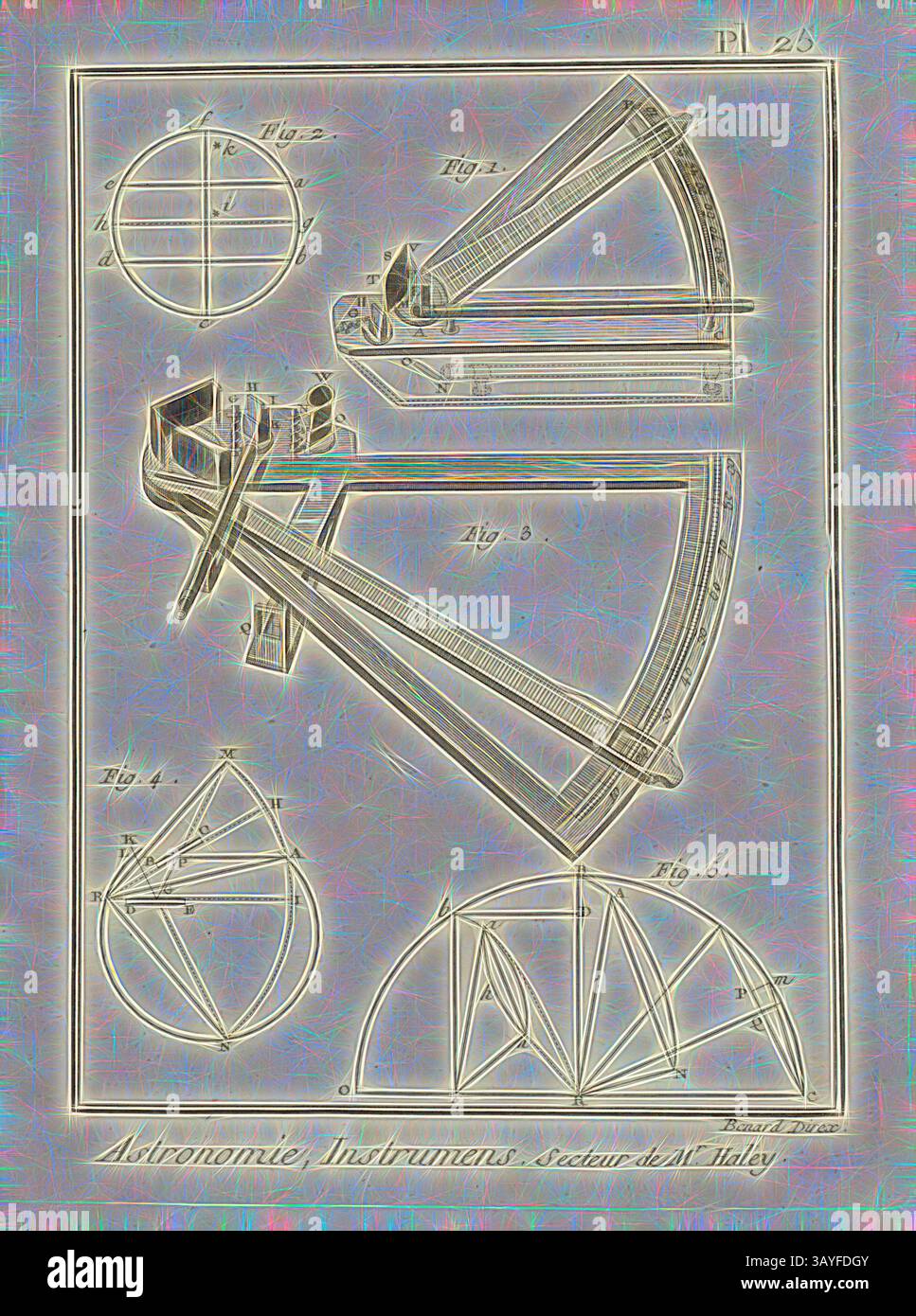 Eine Sammlung komplizierter astronomischer Instrumente, einschließlich Diagramme eines Sektors und verschiedener himmlischer Messwerkzeuge, die detaillierte Entwürfe und Anmerkungen zeigen., Astronomy, Instrumens, Mr. Haley's Sector, Octant von John Hadley, signiert: Benard Direx, PL. 25, nach S. 14, Benard (Richtung), Denis Diderot; M. d'Alembert: Encyclopédie, ou dictionnaire raisonné des Sciences, des Arts et des métierss, des Arts et des métiers. Genève: chez Pellet, MDCCLXXVIII [1778], Klassische Kunst mit modernem Touch, neu interpretiert von Artotop Stockfoto