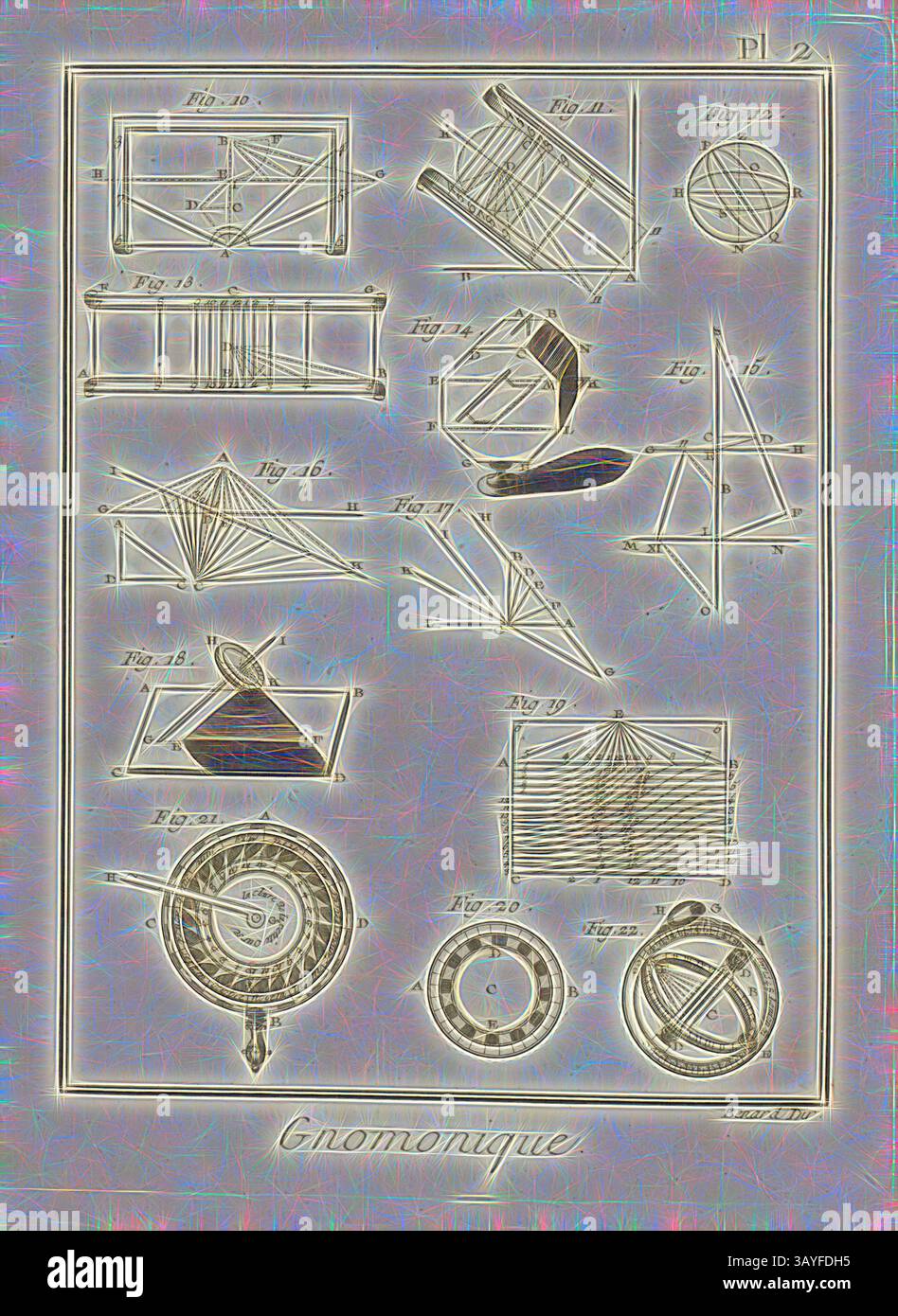 Eine Sammlung komplizierter Diagramme und Illustrationen, die verschiedene geometrische Formen, Modelle und Werkzeuge zeigen, die in der Studie der Gnomonik verwendet werden, einschließlich Sonnenuhren und Winkelmessgeräte., Gnomonique 2, Gnomonics, signiert: Benard dir, PL. 2, nach S. 14, Benard (Richtung), Denis Diderot; M. d'Alembert: Encyclopédie, ou dictionnaire raisonné des Sciences, des Arts et des métierss, des Arts et des métiers. Genève: chez Pellet, MDCCLXXVIII [1778], Klassische Kunst mit modernem Touch, neu interpretiert von Artotop Stockfoto