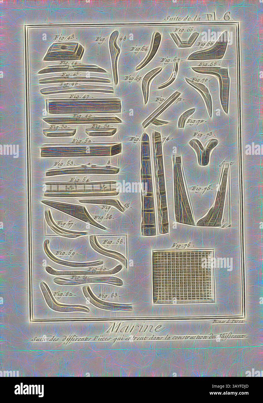 Eine detaillierte Illustration, die verschiedene Komponenten des Schiffbaus zeigt, mit einer Reihe von gekrümmten und geraden Elementen, mit beschrifteten Abbildungen, die ihre spezifischen Verwendungen und Designs angeben., Marine, Fortsetzung der verschiedenen Teile, die in den Bau der Schiffe einsteigen, Elemente für den Bau von Schiffen, signiert: Benard Direx, Suite de la PL. 6, S. 14, Benard (Richtung), 1778, Denis Diderot; M. d'Alembert: Encyclopédie, ou dictionnaire raisonné des Sciences, des Arts et des métierss, des Arts et des métiers. Genève: chez Pellet, MDCCLXXVIII [1778], Klassische Kunst mit modernem Touch Stockfoto