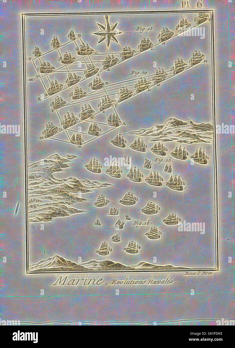 Eine detaillierte Seekarte mit verschiedenen Inseln und einer Flotte von Schiffen, begleitet von Richtungsmarkierungen und einer zentralen Kompassrose, die Navigationsrouten durch die Gewässer führt., Navy, Naval Developments 6, Naval Manöver, signiert: Benard Direx, Pl. 6, nach S. 14, Benard (Richtung), 1778, Denis Diderot; M. d'Alembert: Encyclopédie, ou dictionnaire raisonné des Sciences, des Arts et des métierss, des Arts et des métiers. Genève: chez Pellet, MDCCLXXVIII [1778], Klassische Kunst mit modernem Touch, neu interpretiert von Artotop Stockfoto