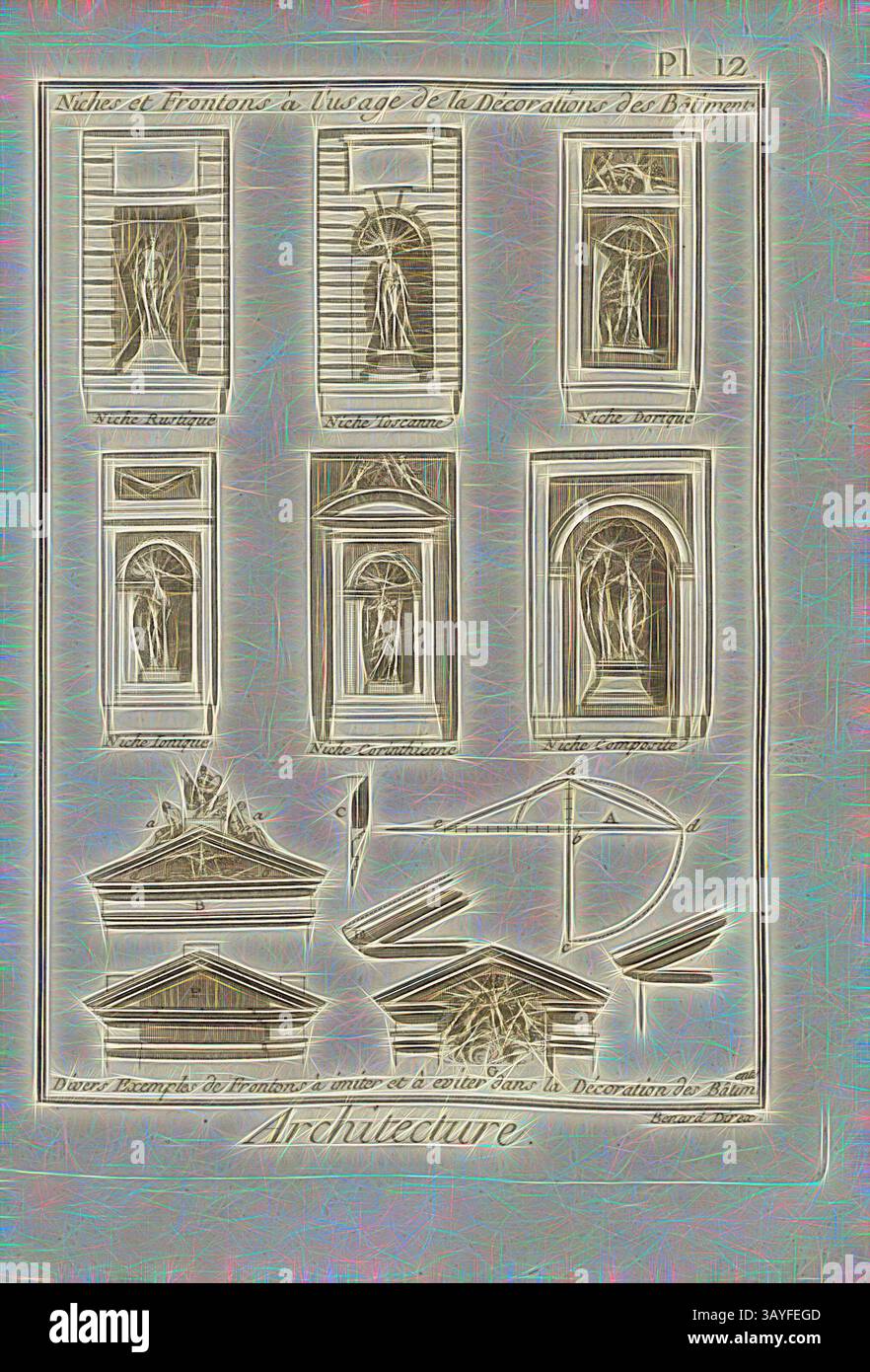 Eine detaillierte Illustration mit architektonischen Designelementen, mit verschiedenen Fensterstilen, dekorativen Motiven und Strukturen, die alle die Kunst der Gebäudedekoration betonen. Architektur, des Nischen & des Frontons, Nischen und Giebeln, signiert: Benard direx, PL. 12, nach S. 48, Benard (Richtung), 1778, Denis Diderot; M. d'Alembert: Encyclopédie, ou dictionnaire raisonné des Sciences, des Arts et des métierss, des Arts et des métiers. Genève: chez Pellet, MDCCLXXVIII [1778], Klassische Kunst mit modernem Touch, neu interpretiert von Artotop Stockfoto