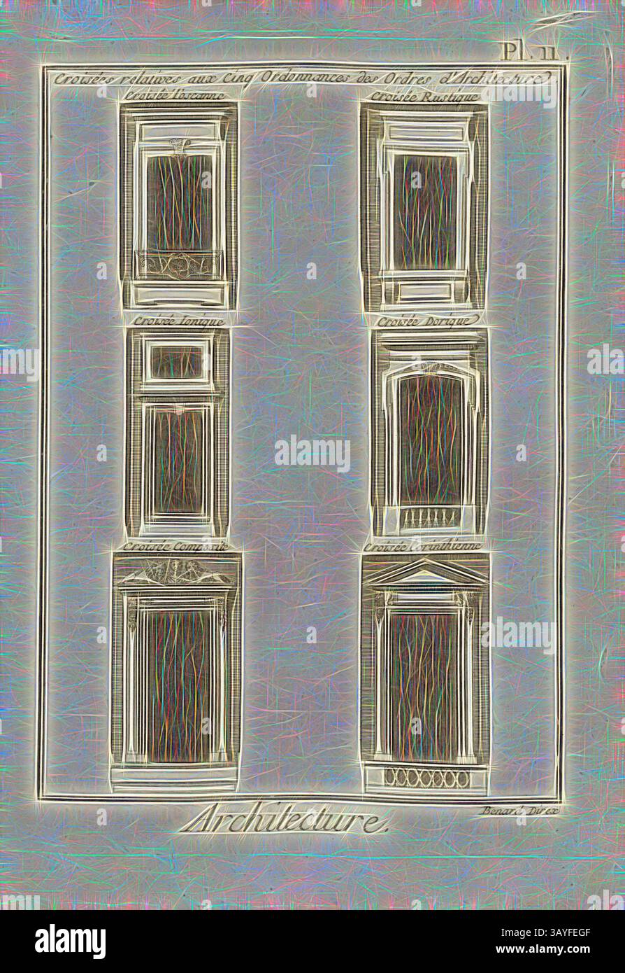 Eine Sammlung von architektonischen Entwürfen, die verschiedene Stile von Fensterrahmen zeigen, die jeweils mit ihren jeweiligen Namen beschriftet sind und komplizierte Details und historische Bedeutung hervorheben., Architecture, Crossroads, Window, signiert: Benard direx, pl. 11, S. 48, Benard (Richtung), 1778, Denis Diderot; M. d'Alembert: Encyclopédie, ou dictionnaire raisonné des Sciences, des Arts et des métierss, des Arts et des métiers. Genève: chez Pellet, MDCCLXXVIII [1778], Klassische Kunst mit modernem Touch, neu interpretiert von Artotop Stockfoto