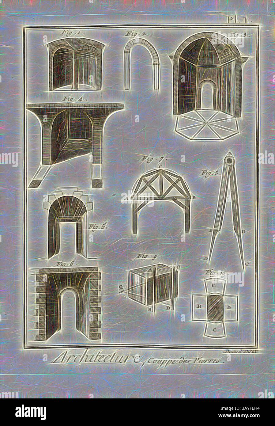 Eine Sammlung detaillierter architektonischer Illustrationen, die verschiedene strukturelle Entwürfe und Elemente zeigen, einschließlich Bögen, Dächer und Stützen, begleitet von Messungen und Anmerkungen für jede Figur., Architektur, Steinbündel 1, Vault, Bogen, Compass, signiert: Benard direx, PL. 1, S. 48, Benard (Richtung), 1778, Denis Diderot; M. d'Alembert: Encyclopédie, ou dictionnaire raisonné des Sciences, des Arts et des métierss, des Arts et des métiers. Genève: chez Pellet, MDCCLXXVIII [1778], Klassische Kunst mit modernem Touch, neu interpretiert von Artotop Stockfoto