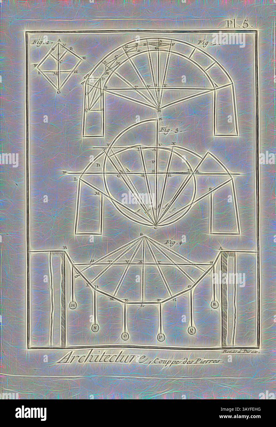Eine Reihe komplizierter architektonischer Skizzen, die verschiedene strukturelle Formen zeigen, einschließlich Bögen und geometrischen Formen, die jeweils mit Maßangaben und Beschriftungen als Konstruktionsreferenz versehen sind., Architecture, Stones 5, Sketches for Vault, signiert: Benard direx, Pl. 5, nach S. 48, Benard (Richtung), 1778, Denis Diderot; M. d'Alembert: Encyclopédie, ou dictionnaire raisonné des Sciences, des Arts et des métierss, des Arts et des métiers. Genève: chez Pellet, MDCCLXXVIII [1778], Klassische Kunst mit modernem Touch, neu interpretiert von Artotop Stockfoto