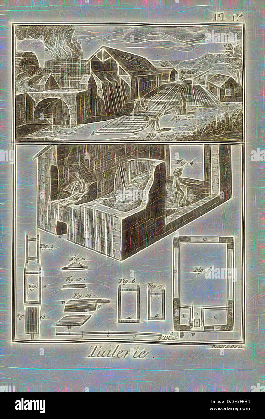 Eine detaillierte Illustration, die landwirtschaftliche Strukturen, einschließlich Scheunen und Betriebsanlagen, zusammen mit Abmessungen und Konstruktionsmerkmalen für verschiedene Elemente, zeigt eine frühe Gestaltung für einen Bauernhof., Tuilerie 1, Brickyard, signiert: Benard direx, PL. 1, S. 48, Benard (Richtung), 1778, Denis Diderot; M. d'Alembert: Encyclopédie, ou dictionnaire raisonné des Sciences, des Arts et des métierss, des Arts et des métiers. Genève: chez Pellet, MDCCLXXVIII [1778], Klassische Kunst mit modernem Touch, neu interpretiert von Artotop Stockfoto