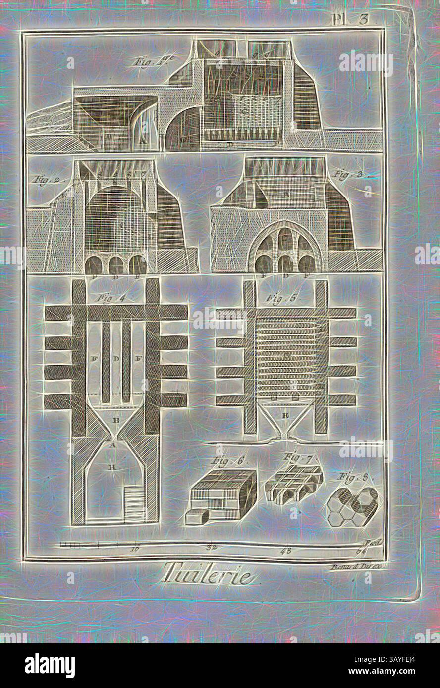 Eine technische Illustration, die architektonische Entwürfe und Schaltpläne für eine Struktur zeigt, mit beschrifteten Figuren, die verschiedene Abschnitte und Konfigurationen zeigen., Tuilerie 3, Brickyard, signiert: Benard direx, PL. 3, S. 48, Benard (Richtung), 1778, Denis Diderot; M. d'Alembert: Encyclopédie, ou dictionnaire raisonné des Sciences, des Arts et des métierss, des Arts et des métiers. Genève: chez Pellet, MDCCLXXVIII [1778], Klassische Kunst mit modernem Touch, neu interpretiert von Artotop Stockfoto