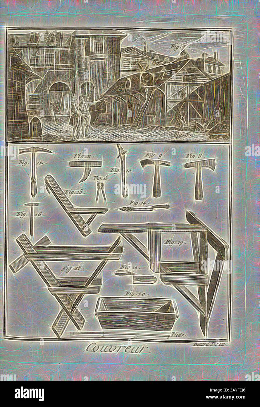 Eine künstlerische Darstellung, die architektonische Elemente einer Stadt zeigt, mit einer detaillierten Darstellung verschiedener Holzbearbeitungswerkzeuge und ihrer Maße, die traditionelle Handwerkskunst hervorhebt., slater, Roofer, signiert: Benard direx, PL., 1, S. 48, Benard (Richtung), 1778, Denis Diderot; M. d'Alembert: Encyclopédie, ou dictionnaire raisonné des Sciences, des Arts et des métierss, des Arts et des métiers. Genève: chez Pellet, MDCCLXXVIII [1778], Klassische Kunst mit modernem Touch, neu interpretiert von Artotop Stockfoto