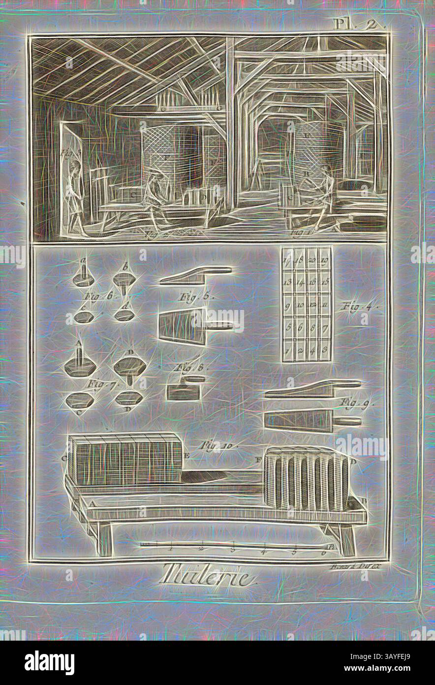 Eine Illustration, die das detaillierte Layout eines rustikalen Innenraums zeigt, mit einem geräumigen Raum mit freiliegenden Balken und Holzmöbeln. Die begleitenden Diagramme zeigen verschiedene Möbelstücke und ihre Abmessungen, darunter ein stilvolles Sofa und dekorative Objekte. Das Design verströmt einen Vintage-Charme und verbindet Funktion und Ästhetik in einem harmonischen Arrangement., Tuilerie 2, Brickyard, signiert: Benard direx, PL. 2, nach S. 48, Benard (Richtung), 1778, Denis Diderot; M. d'Alembert: Encyclopédie, ou dictionnaire raisonné des Sciences, des Arts et des métierss, des Arts et des métiers. Genf: chez Stockfoto
