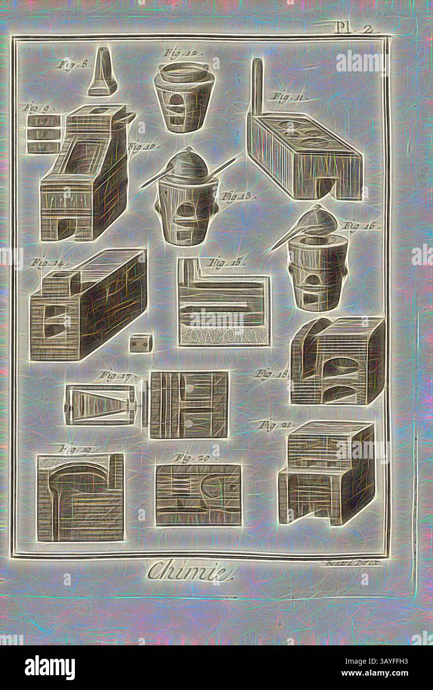Eine Sammlung von aufwändig gestalteten Laborgeräten und Ausrüstungsskizzen, beschriftet mit Referenznummern, die verschiedene Formen und Funktionen in der Chemie zeigen., Chemie 1, Ofen für Chemielabor, signiert: Benard direx, PL. 2, S. 48, Benard (Richtung), 1778, Denis Diderot; M. d'Alembert: Encyclopédie, ou dictionnaire raisonné des Sciences, des Arts et des métierss, des Arts et des métiers. Genève: chez Pellet, MDCCLXXVIII [1778], Klassische Kunst mit modernem Touch, neu interpretiert von Artotop Stockfoto