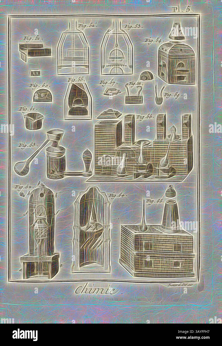 Eine komplizierte Anordnung verschiedener Laborgeräte, die eine Reihe von Glaswaren und Instrumenten für chemische Experimente zeigen. Jedes Element ist sorgfältig mit numerischen Zahlen gekennzeichnet, die eine detaillierte Referenz für seine spezifischen Verwendungszwecke und Designs bieten. Das Layout betont die Eleganz und Komplexität wissenschaftlicher Geräte aus einer früheren Ära., Chemistry 4, Ofen für Chemielabor, signiert: Benard direx, PL. 5, nach S. 48, Benard (Richtung), 1778, Denis Diderot; M. d'Alembert: Encyclopédie, ou dictionnaire raisonné des Sciences, des Arts et des métierss, des Arts et des Stockfoto