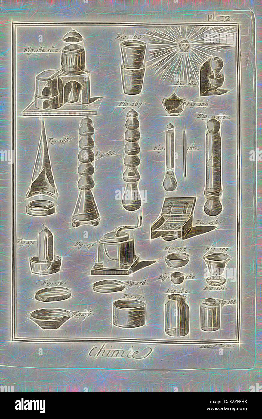 Eine Sammlung von verschiedenen geometrischen Formen und Objekten, die jeweils aufwändig entworfen und beschriftet sind, zeigt die Kunstfertigkeit und Präzision wissenschaftlicher Instrumente und wissenschaftlicher Konzepte., Chemie 11, Laborausrüstung für Destillation, Sublimation, signiert: Benard direx, PL. 12, nach S. 48, Benard (Richtung), 1778, Denis Diderot; M. d'Alembert: Encyclopédie, ou dictionnaire raisonné des Sciences, des Arts et des métierss, des Arts et des métiers. Genève: chez Pellet, MDCCLXXVIII [1778], Klassische Kunst mit modernem Touch, neu interpretiert von Artotop Stockfoto