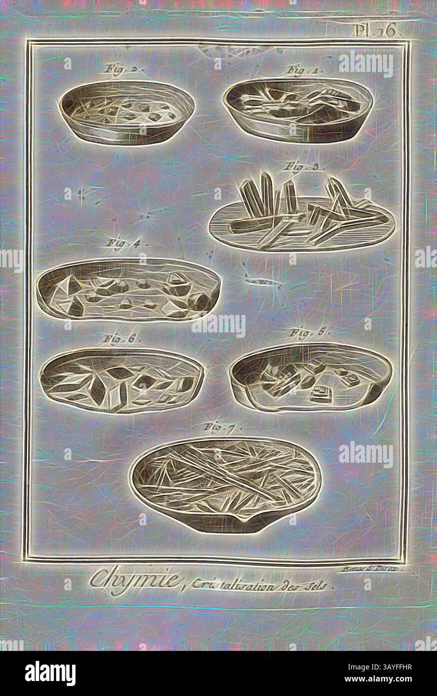 Eine Reihe von detaillierten Abbildungen, die verschiedene geformte und angeordnete Kristalle oder Mineralproben zeigen, die jeweils mit einer Zahlennummer als Referenz gekennzeichnet sind. Die Entwürfe betonen die einzigartigen Formationen und Texturen der Exemplare und heben ihre wissenschaftliche Studie hervor., Chemie, Kristallisation von Salzen 1, Kristallisation von Salzen, signiert: Benard direx, PL. 16, nach S. 48, Benard (Richtung), 1778, Denis Diderot; M. d'Alembert: Encyclopédie, ou dictionnaire raisonné des Sciences, des Arts et des métierss, des Arts et des métiers. Genève: chez Pellet, MDCCLXXVIII [1778], Klassische Kunst mit modernem Touch Stockfoto