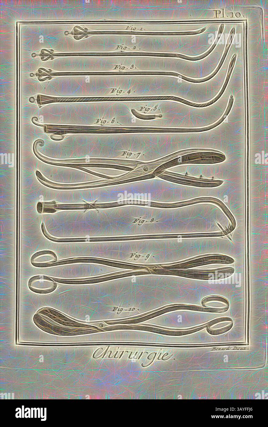 Eine Sammlung verschiedener chirurgischer Instrumente, jedes sorgfältig mit Messungen und Zahlen beschriftet, die die Feinheiten des chirurgischen Designs zeigen., Chirurgie 10, medizinische Instrumente, signiert: Benard direx, PL. 10, nach S. 48, Benard (Richtung), 1778, Denis Diderot; M. d'Alembert: Encyclopédie, ou dictionnaire raisonné des Sciences, des Arts et des métierss, des Arts et des métiers. Genève: chez Pellet, MDCCLXXVIII [1778], Klassische Kunst mit modernem Touch, neu interpretiert von Artotop Stockfoto