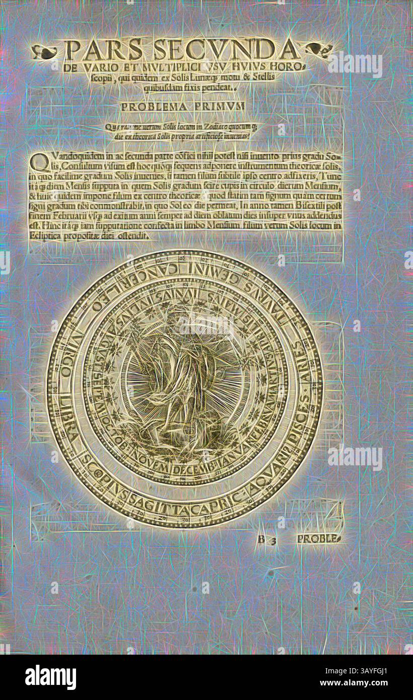In der Mitte befindet sich ein kunstvolles kreisförmiges Emblem, umgeben von komplizierten Mustern und einer lateinischen Inschrift, die auf „Teil Sekunde“ und verschiedene philosophische Konzepte verweist. Der Text schlägt einen Schwerpunkt auf der Erforschung mystischer oder astrologischer Themen vor., der Grad, Sonneninstrument, Abb. 3, S. 17, 1533, Petrus Apian: Horoscopion Apiani generale dignoscendis horis cuiusqumque generis aptissimum [...]. Sein Akzent distantia[rum], altitudinum, & profunditatum per idem hoc instrumentum dimetiendarum ratio longe exacatissima & ingeniosa [...]. [Ingolstadt]: [Apianus], [1533], Klassische Kunst mit einem Stockfoto