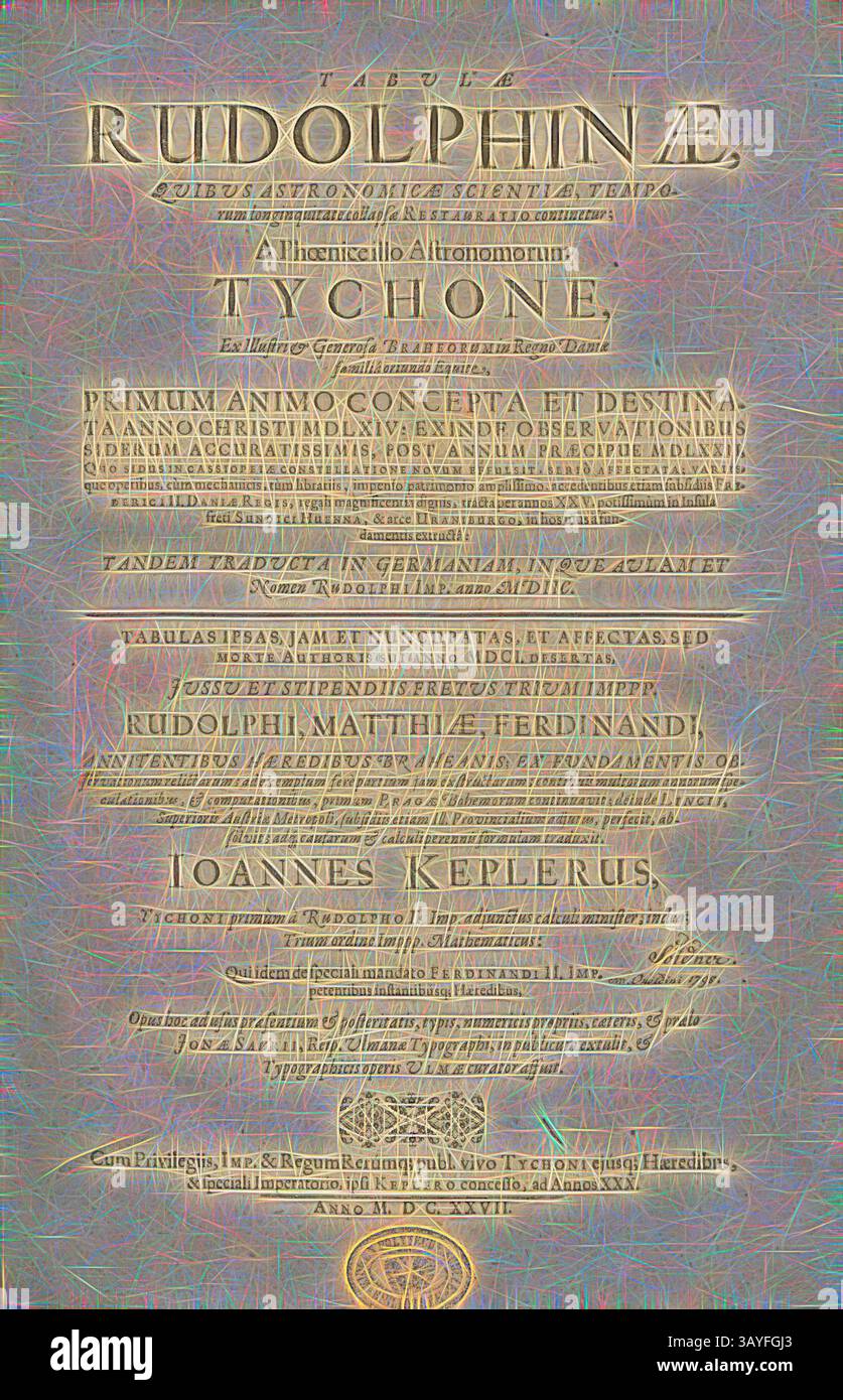 Eine reich verzierte Titelseite mit komplizierten Texten und Verzierungen, die Tychon Brahe gewidmet ist und die Beiträge namhafter Astronomen wie Johannes Kepler umfasst. Das Design hebt bedeutende astronomische Konzepte und Beobachtungen hervor, die die Bedeutung der Arbeit auf dem Gebiet der Astronomie widerspiegeln., Rundtempel als Allegorie zur Geschichte der Astronomie, Titelseite der Arbeit, Abb., 1, vor S. 2, Kepler, Johannes (Inv.); Coler, Georg (sc.), 1627, Johannes Kepler: Tabulae Rudolphinae, quibus astronomicae Scientiae, temporum longinquitate Collapsae restauratio continetur; A Stockfoto