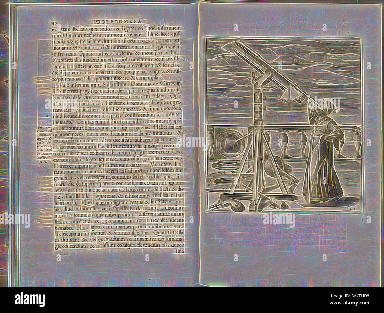 Auf einer illustrierten Seite ist ein Astronom zu sehen, der durch ein Teleskop beobachtet wird, eingerahmt von detailliertem Text auf der gegenüberliegenden Seite, der ein Gefühl der Erforschung und Erforschung weckt. Die Szene fängt die Mischung aus Wissenschaft und Kunst auf der Suche nach Wissen ein, Astronom mit Teleskop, Astronom mit Teleskop, Teleskop, Kupferstich, abb. F, nach S. 40, 1647, Johannes Hevelius: Johannis Hevelii Selenographia sive lunae descriptio atque exacata, tam macularum ejus, ... delineatio, ...; addita EST, lentes expoliendi nova ratio, ut et telescopia diversa construendi, et experiendi, ... explizatur Stockfoto
