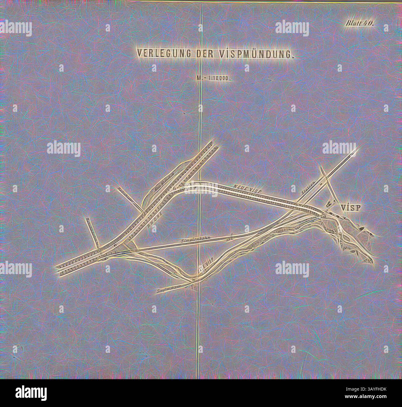 Eine detaillierte, stilisierte Karte, die das Layout und die Kreuzungen der Eisenbahnen einschließlich des Gebiets um Visp und seiner Verbindungen zu den umliegenden Regionen veranschaulicht., Verlegung der Visp-Mündung, Verlegung der Visp-Mündung, signiert: F. Bräm, Zeich, S. 40, S. 147, Salis, Adolphe de (Inv.); Bräm, F. (del.), 1883, Adolphe de Salis: das Schweizerische Wasserbauwesen. Organisation, Leistungen und Bausysteme. Bern: Stämpfli'sche Buchdruckerei, 1883, Klassische Kunst mit modernem Twist von Artotop neu interpretiert Stockfoto