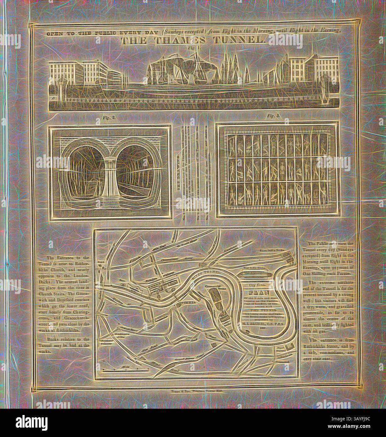 Eine kunstvolle Illustration, die das Design und die Anordnung des Thementunnels zeigt, zeigt detaillierte Pläne und Querschnitte, die verschiedene Abschnitte des Tunnels und die umliegenden Bereiche hervorheben. Informative Anmerkungen erläutern die technische Bedeutung und die öffentliche Zugänglichkeit des Projekts., der Thementunnel, Abbildungen und Plan des Thementunnels in London, Plate 14, nach S. 8, 1831, T. T. T. Bury: Farbige Ansichten über die Liverpool and Manchester Railway: Mit Schildern der Reisebusse, Maschinen, &c.: Mit beschreibenden Angaben, die als Leitfaden für Reisende auf der Bahn dienen. London: Publ. Von Stockfoto