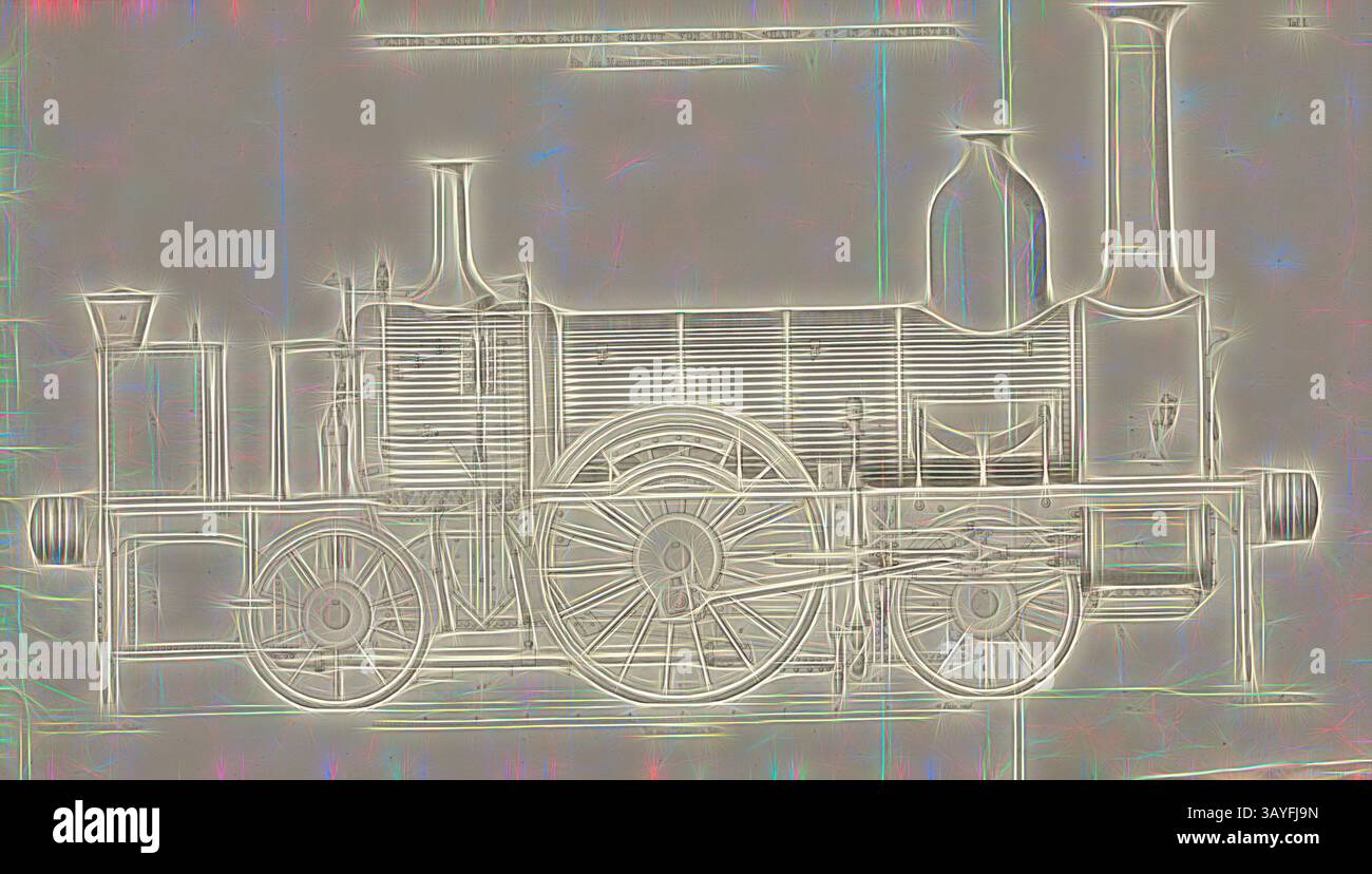 Eine Vintage-Dampflokomotive mit komplizierten Details, die Räder, Kessel und Schornstein in Szene setzt und ein Gefühl von Nostalgie für die Ära der Eisenbahnfahrt weckt. Tender Machine Tank Engine von Gebr. Sharp, Lokomotive der Sharp, Roberts and Company in Manchester, signiert: Heusinger v., W, Lith., V, J. Lehnhardt; Verlag v., CH. W. Kreidel, Platte I, nach S. 175, Heusinger von Waldegg, Edmund; Lith. Anstalt von J. Lehnhardt (lith.); Christian Wilhelm Kreidel Verlag (Hrsg.), Edmund Heusinger von Waldegg; Wilhelm Clauss: Abbildung und Beschreibung der Lokomotive-Maschine: Nach den besten und Stockfoto