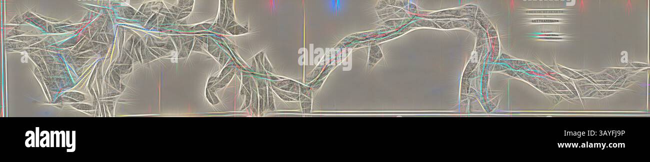 Eine abstrakte Komposition mit ineinander verflochtenen Linien und Formen, die ein Gefühl von Bewegung und Tiefe schaffen, mit Anklängen lebendiger Farben, die die komplizierten Wege betonen., Umrisskarte der Gotthardbahn, Fahrpläne für Gotthardbahn, Hellwag-Projekt und Rail Track Project, TAF. 2, S. 56, 1877, Olivier Zschokke: Die Anwendung des Zahnschienen-Systems auf die Gotthardbahn.: Zuschrift an den hohen Bundesrath der schweizerischen Eidgenossenschaft. Aarau: Druck und Verlag von H. R. Sauerlaender, 1877, Klassische Kunst mit modernem Twist neu interpretiert von Artotop Stockfoto