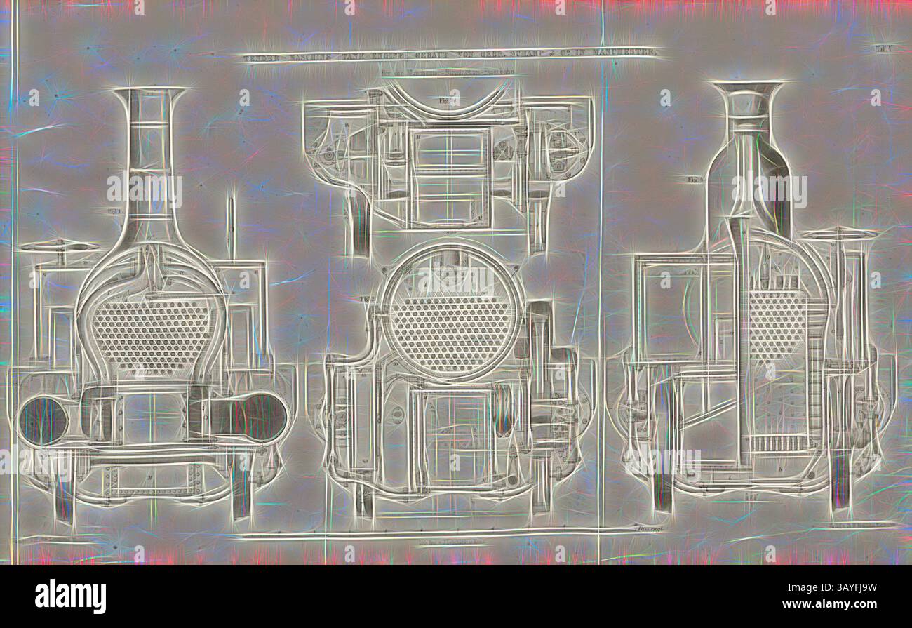 Eine detaillierte technische Illustration zeigt das Design von drei verschiedenen Dampflokomotiven, mit komplizierten Linienarbeiten, die verschiedene Komponenten wie Kessel, Räder und Fahrgestell hervorheben., Tender Engine Tank Engine von Gebr. Scharp, Lokomotive der Sharp, Roberts and Company in Manchester, signiert: Heusinger v., W, Lith., V, J. Lehnhardt; Verlag v., CH. W. Kreidel, Platte V, nach S. 175, Heusinger von Waldegg, Edmund; Lith. Anstalt von J. Lehnhardt (lith.); Christian Wilhelm Kreidel Verlag (Hrsg.), Edmund Heusinger von Waldegg; Wilhelm Clauss: Abbildung und Beschreibung der Lokomotive- Stockfoto