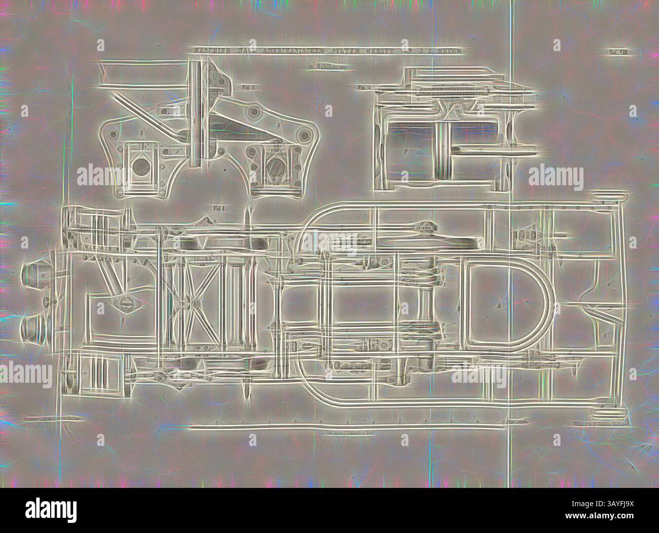 Eine detaillierte technische Zeichnung zeigt die komplizierte Konstruktion eines mechanischen Bauteils, wobei verschiedene Teile und ihre Maße präzise hervorgehoben werden., Maschine nach amerikanischem System v. J. Meyer in Mühlhausen 3, Lokomotive nach amerikanischem System von J. J. Meyer in Mühlhausen, signiert: Heusinger v. Chr., W, Lith., V, J. Lehnhardt; Verlag v., CH. W. Kreidel, Platte VIII, nach S. 175, Heusinger von Waldegg, Edmund; Lith. Anstalt von J. Lehnhardt (lith.); Christian Wilhelm Kreidel Verlag (Hrsg.), Edmund Heusinger von Waldegg; Wilhelm Clauss: Abbildung und Beschreibung der Stockfoto