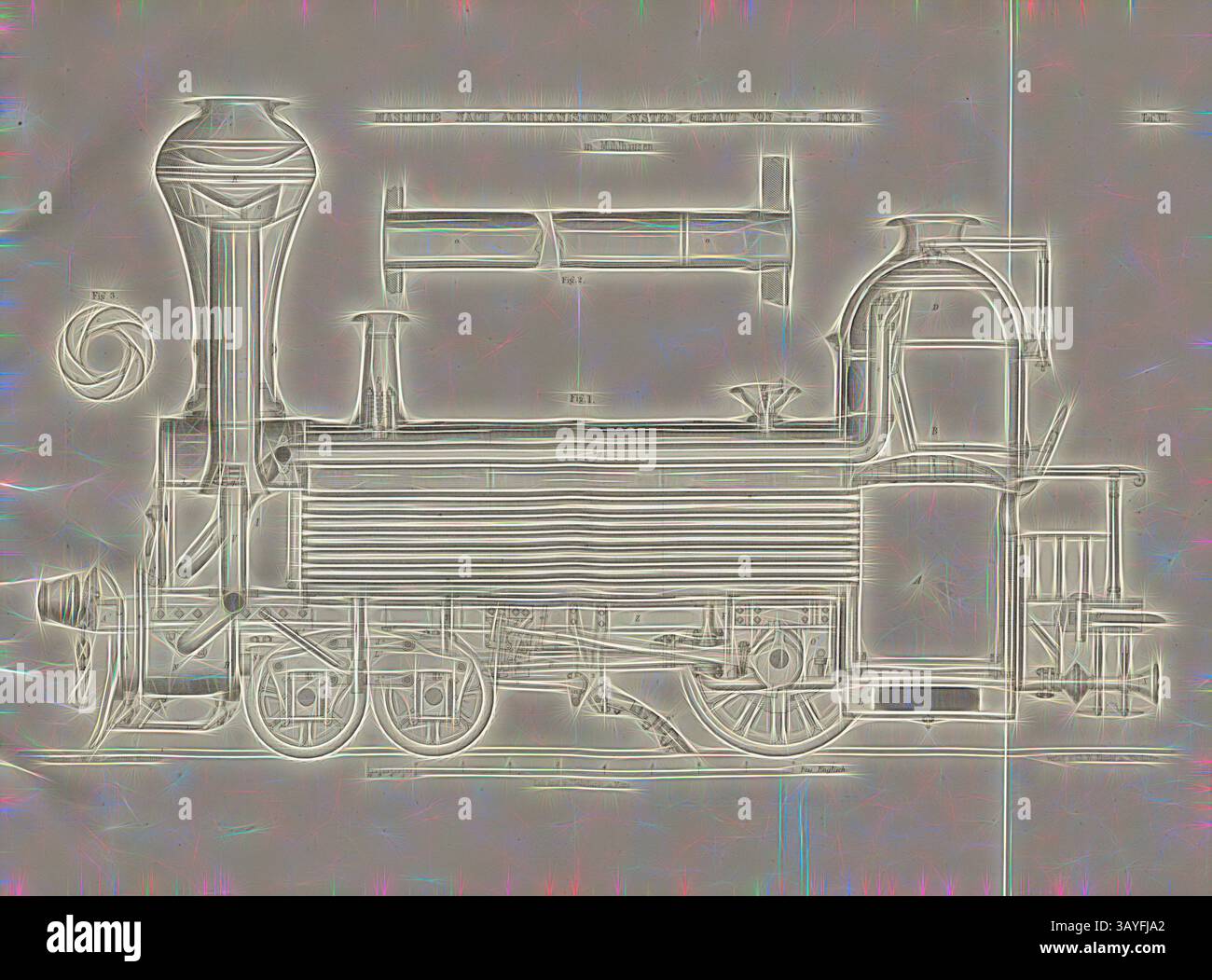 Eine detaillierte technische Zeichnung einer alten Dampflokomotive, die ihre komplizierten Konstruktions- und Ingenieurmerkmale, einschließlich Kessel, Räder und Kamin, sowie schematische Elemente zeigt., Maschine gebaut nach amerikanischem System v. J. Meyer in Mühlhausen 2, Lokomotive nach amerikanischem System von J. J. Meyer in Mühlhausen, signiert: Heusinger v., W, Lith. V, V, J. Lehnhardt; Verlag v., CH. W. Kreidel, Plate VII, nach S. 175, Heusinger von Waldegg, Edmund; Lith. Anstalt von J. Lehnhardt (lith.); Christian Wilhelm Kreidel Verlag (Hrsg.), Edmund Heusinger von Waldegg; Wilhelm Clauss Stockfoto