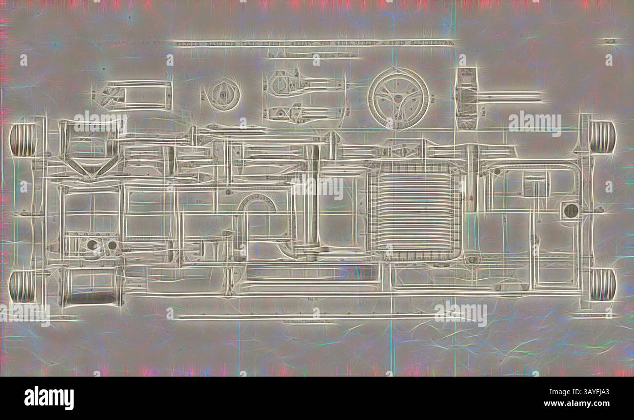 Eine detaillierte Top-down-Abbildung eines Fahrzeugrahmens mit verschiedenen Komponenten wie Rädern, Lenkrädern und Strukturelementen, die alle in einer stilisierten, abstrakten Weise dargestellt werden. Tender Engine Tank Engine, gebaut von Gebr. Scharp, Grundriss der Lokomotive der Sharp, Roberts and Company in Manchester, signiert: Heusinger v., W, Lith., V, J. Lehnhardt; Verlag v., CH. W. Kreidel, Platte IV, nach S. 175, Heusinger von Waldegg, Edmund; Lith. Anstalt von J. Lehnhardt (lith.); Christian Wilhelm Kreidel Verlag (Hrsg.), Edmund Heusinger von Waldegg; Wilhelm Clauss: Abbildung und Stockfoto