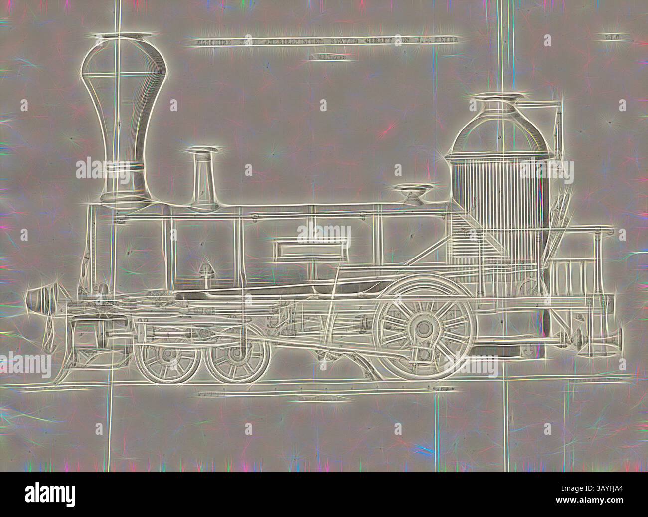 Ein detaillierter Schaltplan einer alten Dampflokomotive mit komplexen Bauteilen wie Kessel, Räder und Kamin, die das technische Design und die Struktur hervorheben., Maschinenbau nach amerikanischem System v. J. Meyer in Mühlhausen 1, Lokomotive nach amerikanischem System von J. J. Meyer in Mühlhausen, signiert: Heusinger v., W, Lith., V, V, J. Lehnhardt; Herausgeber v., CH. W. Kreidel, Plate VI, nach S. 175, Heusinger von Waldegg, Edmund; Lith. Anstalt von J. Lehnhardt (lith.); Christian Wilhelm Kreidel Verlag (Hrsg.), Edmund Heusinger von Waldegg; Wilhelm Clauss: Abbildung und Stockfoto