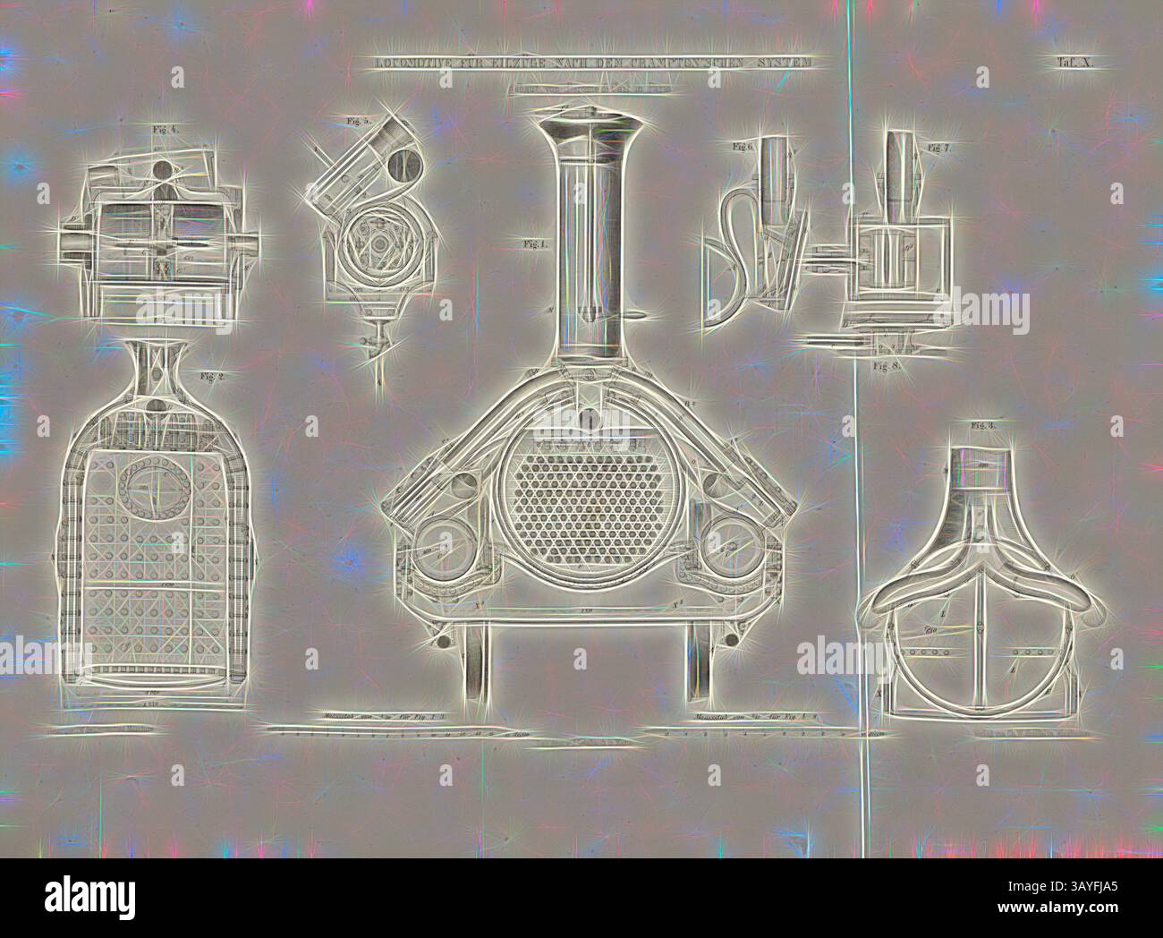 Eine Reihe von technischen Zeichnungen, die den Entwurf und die Komponenten einer mechanischen Vorrichtung veranschaulichen, mit verschiedenen Abschnitten und detaillierten Anmerkungen., Lokomotive für Schnellzüge nach dem Crampton-System, gebaut von Derosne, Lokomotive nach der Baumethode von Crampton, signiert: Heusinger v., W, Lith., V, J. Lehnhardt; Verlag v., CH. W. Kreidel, Plate X, nach S. 175, Heusinger von Waldegg, Edmund; Lith. Anstalt von J. Lehnhardt (lith.); Christian Wilhelm Kreidel Verlag (Hrsg.), Edmund Heusinger von Waldegg; Wilhelm Clauss: Abbildung und Beschreibung der Lokomotive-Maschine Stockfoto