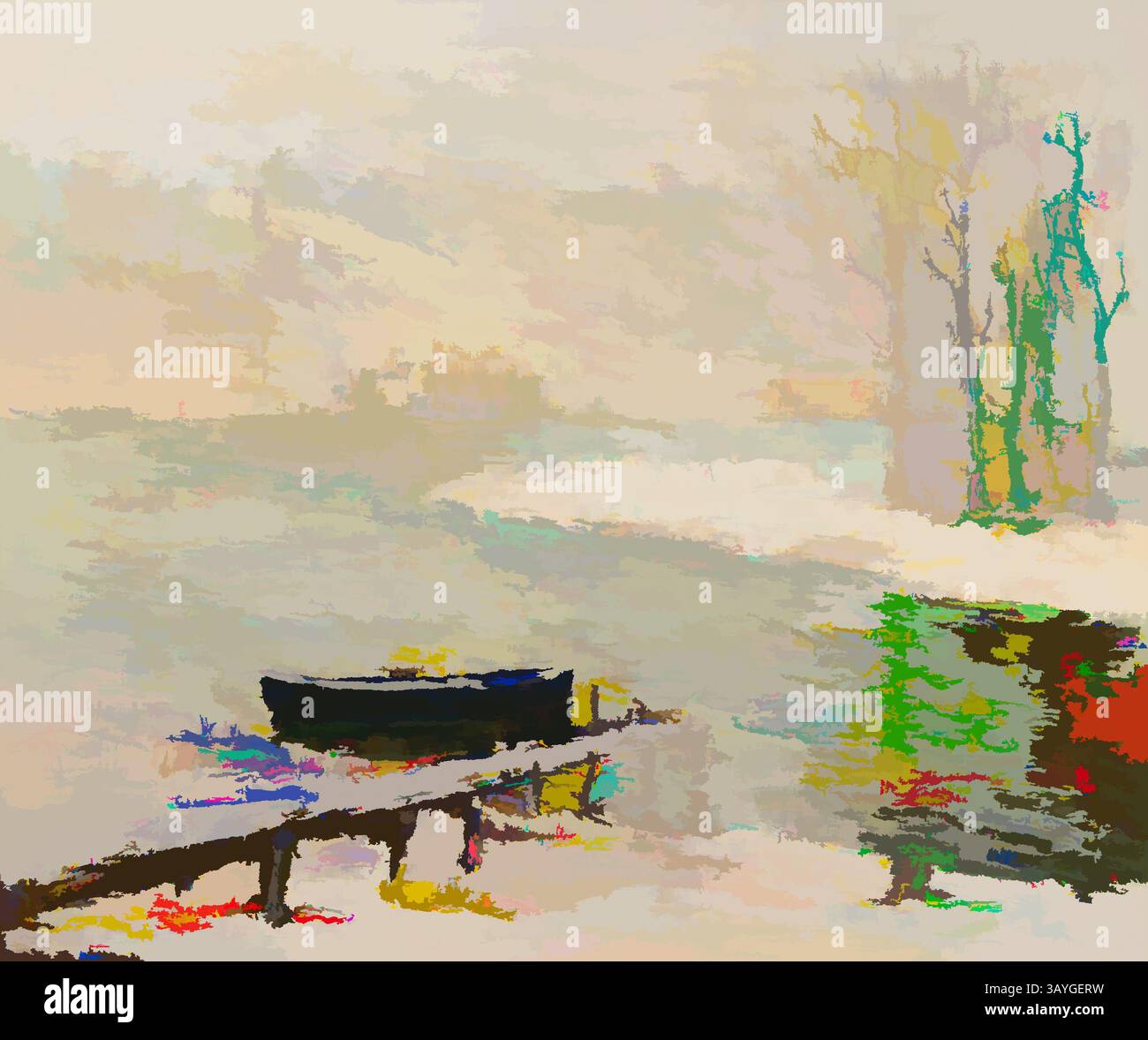 Eine ruhige Szene zeigt ein ruhiges Wasser, das sanfte Farbtöne reflektiert, und ein kleines Boot liegt sanft in der Nähe eines Docks. Üppige Bäume stehen an der Küste, deren Farben sich mit der ruhigen Landschaft verschmelzen und ein Gefühl der Ruhe und Besinnung wecken. Ernest Lawson: River Scene – Boat and Trees, Ernest Lawson, ca. 1907–1910, Öl auf Leinwand, insgesamt 1/8 x 30 1/8 cm. (63,8 x 76,5 cm) Klassische Kunst mit modernem Touch, neu interpretiert von Artotop Stockfoto