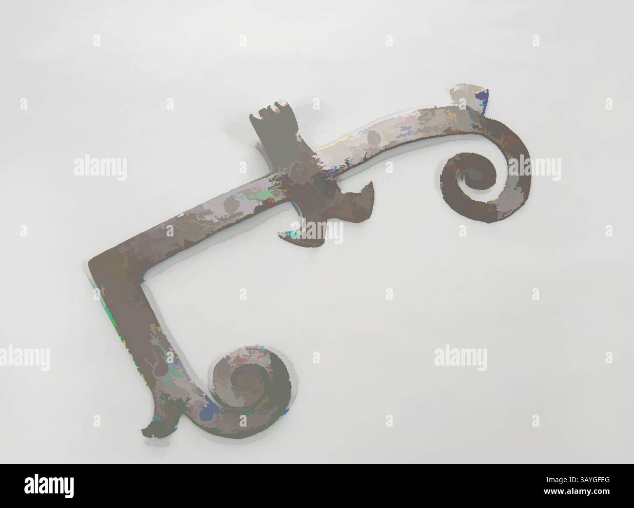 Ein kunstvoll verziertes Metallstück mit komplizierten, wirbelnden Designs und einer vogelartigen Silhouette an einem Ende, das eine Mischung aus künstlerischem Handwerk und potenzieller historischer Bedeutung zeigt. Wahrscheinlich Englisch: H-L Scharnier, wahrscheinlich Englisch, 17.–18. Jahrhundert, Eisen, insgesamt: 13 1/2 x 8 1/4 x 1 1/4 Zoll. (34,3 x 21 x 3,2 cm) Klassische Kunst mit modernem Touch, neu interpretiert von Artotop Stockfoto