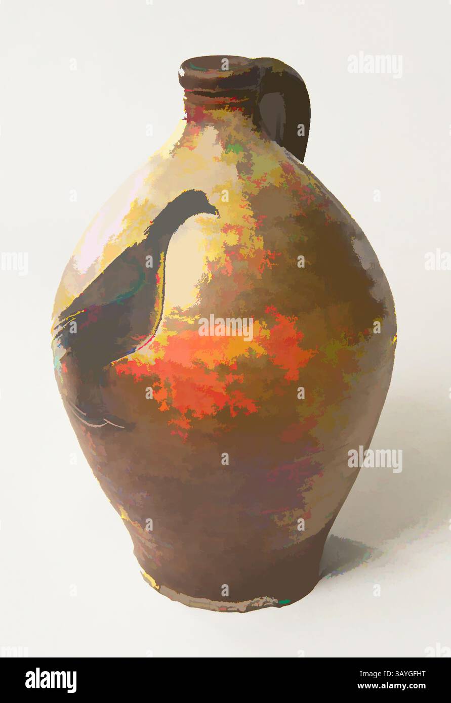 Eine wunderschön gefertigte Keramikkanne mit dekorativer Vogelsilhouette, warmen Erdtönen und einer glatten, abgerundeten Form, die einen rustikalen Charme verleiht. Amerikanisch: Krug, amerikanisch, 1830–1850, Salzglasiertes Steinzeug, Salzglaze – eine Technik, bei der während des Brennvorgangs große Mengen Salz in den Ofen geworfen werden – verleiht diesem Wasserkrug seine glänzende Textur. Auf der Schulter des Schiffes malte der Künstler eine kobaltblaue Taube und verfeinerte ihre Form, indem er eine Umrisse um die Figur einschneidete. Sowohl die Verglasung als auch die Dekoration dieser Kanne sind mit dem Werk von Henry Remmy, einem 19., verwandt Stockfoto