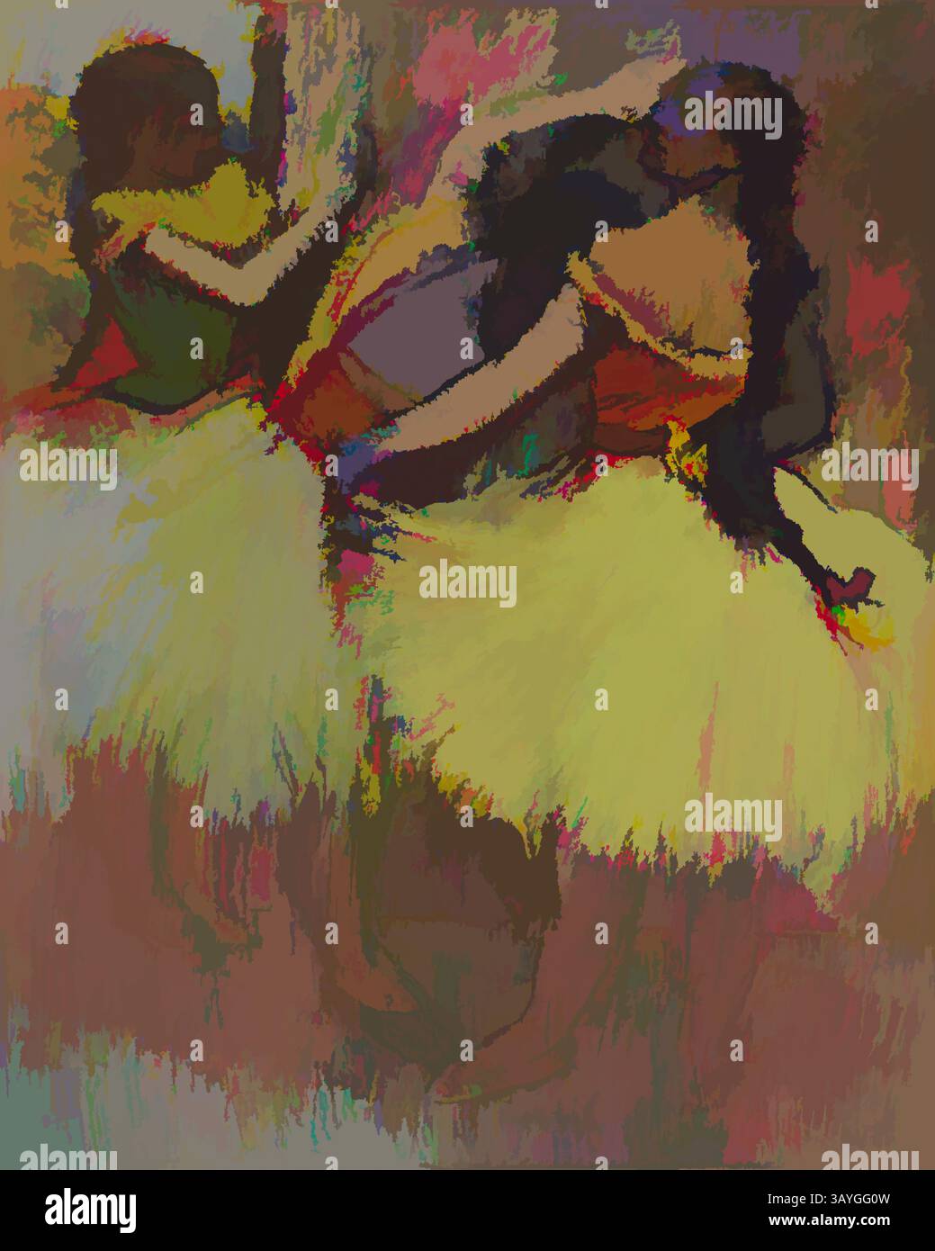 Eine lebendige Szene fängt Tänzer in farbenfrohen Tutus ein, die sich anmutig im Einklang bewegen. Die wirbelnde Bewegung erzeugt ein Gefühl von Rhythmus und verschmilzt Farbtöne, die eine lebendige Atmosphäre hervorrufen. Edgar Degas: Drei Tänzer mit Haaren in Braids (Trois danseuses les cheveux en tress), Edgar Degas, um 1900, Pastel und Holzkohle auf gewebtem Papier, Edgar Degas hatte ein Abonnement für die Pariser Oper, wo er das Korps von Ballerinas studierte und sie in intimen Momenten hinter der Bühne festnahm – dehnte, stellte ihre Kostüme an, reibte sich an den Füßen. Anstatt die Illusion der Leichtigkeit zu duplizieren, die wir auf der Bühne sehen, präsentiert Degas Stockfoto