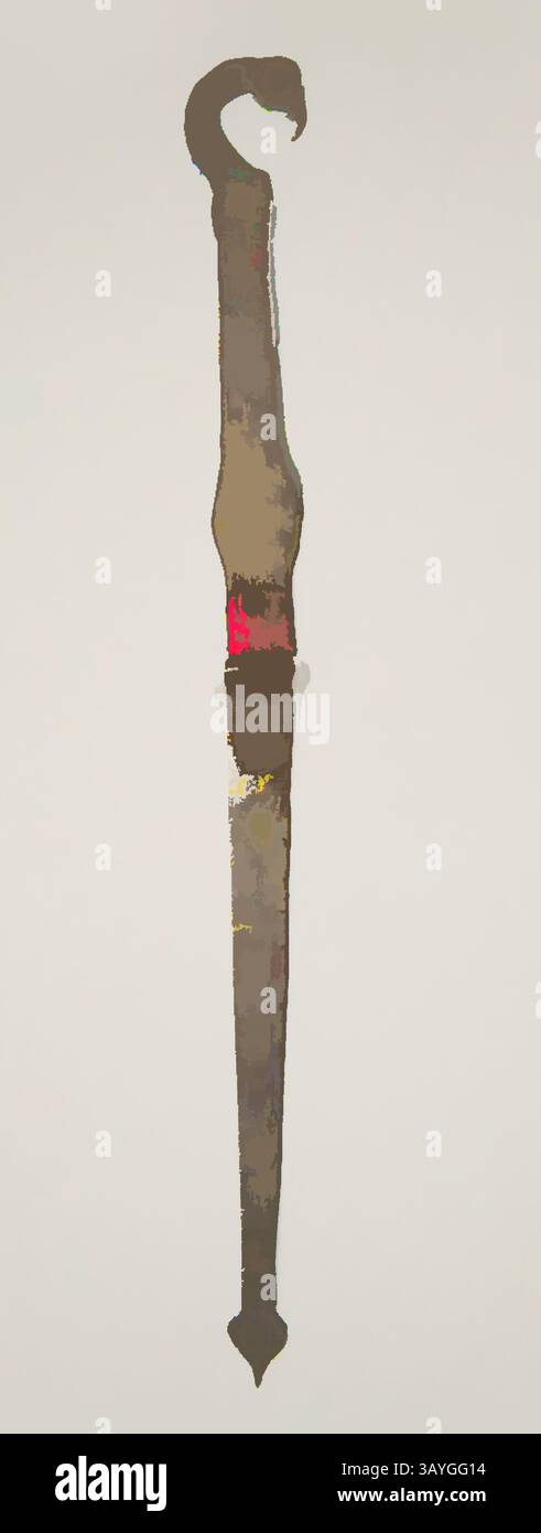 Ein langes, schlankes Werkzeug mit markantem Hakenende, glattem, strukturiertem Griff und leicht verziertem Griffbereich, das sich für Bastelarbeiten oder praktische Aufgaben eignet. Amerikanisch: Scharnier, amerikanisch, 18. Jahrhundert, Eisen, insgesamt: 30 1/4 x 3 x 11/16 Zoll (76,8 x 7,6 x 1,7 cm) Klassische Kunst mit modernem Touch, neu interpretiert von Artotop Stockfoto